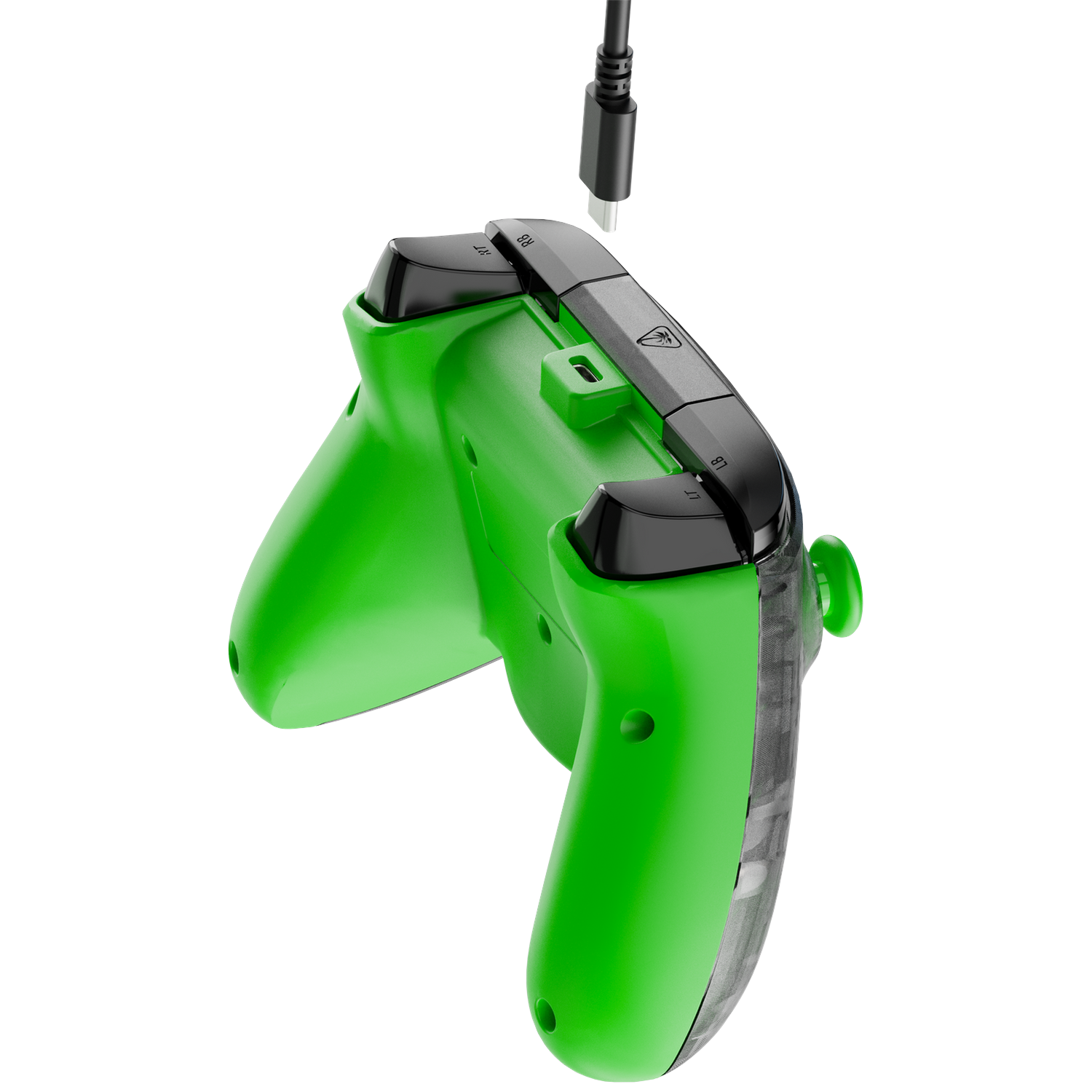 A green game controller with black accents and a charging cable is shown against a white background.