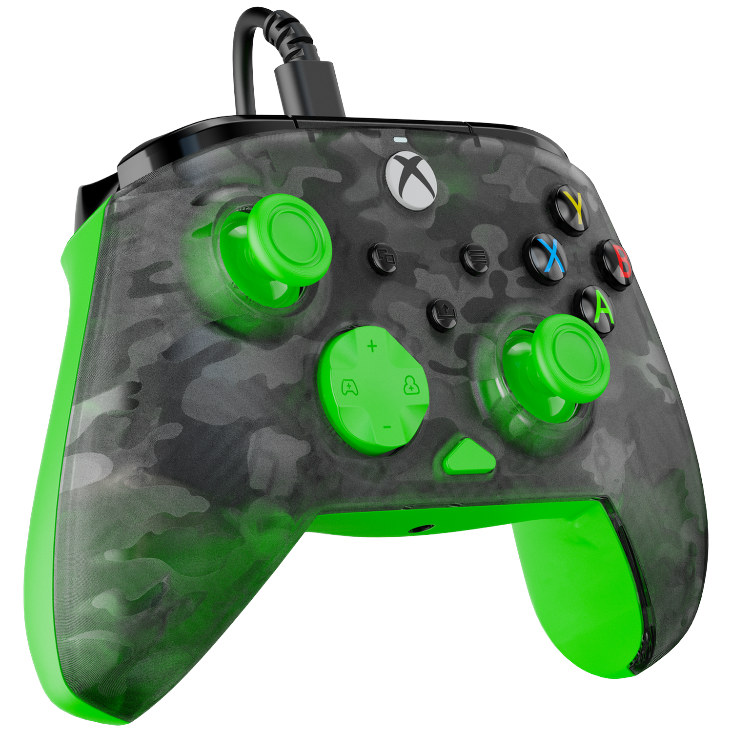 An Xbox controller with a camouflage design in gray and green. Features green thumbsticks and buttons, and a black cable.