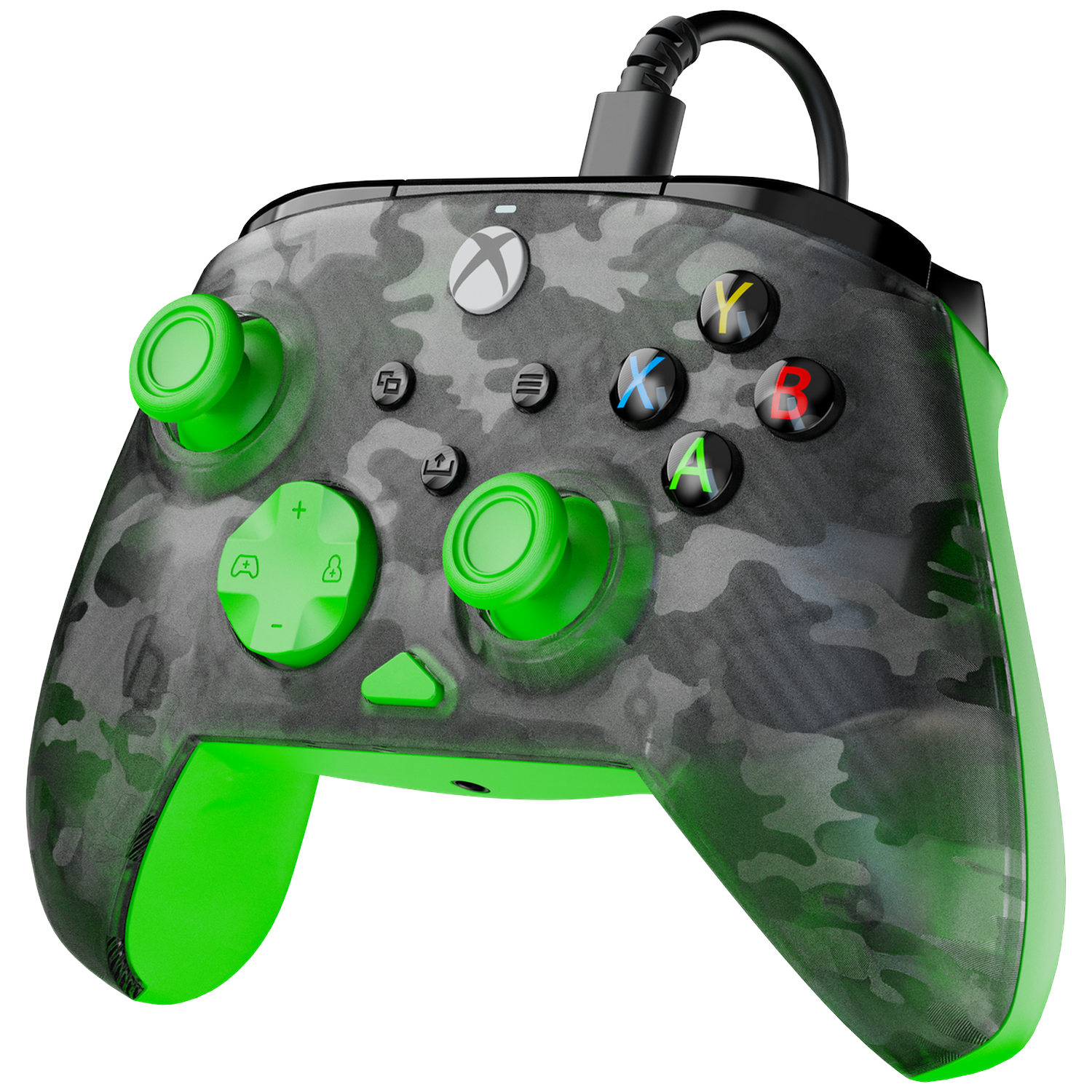 An Xbox controller with a camouflage design. It has green accents on the joysticks and buttons. The controller has a black cable.
