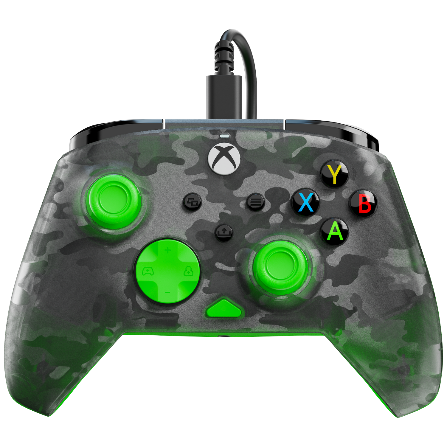 An Xbox controller with a camouflage pattern in gray and green. It has green buttons and a black USB cable.