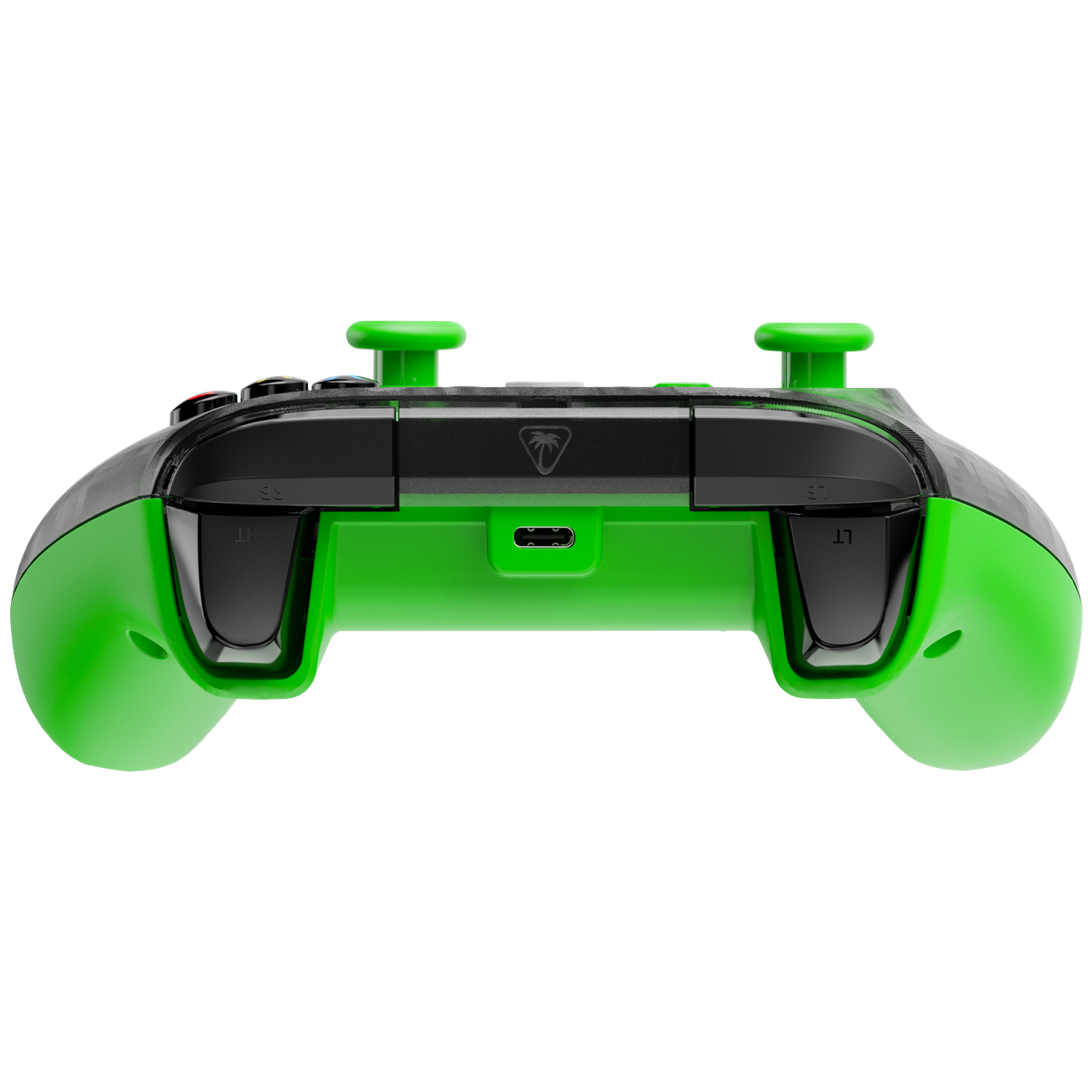 A green and black game controller is shown from the back. It has two green joysticks, and trigger buttons.