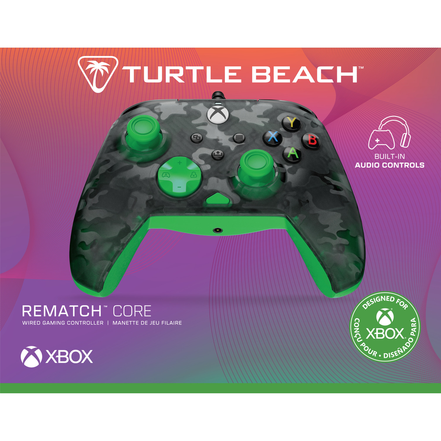 Xbox controller with green accents. The controller has a camouflage design, green thumbsticks, and a green base. Turtle Beach logo is at the top.