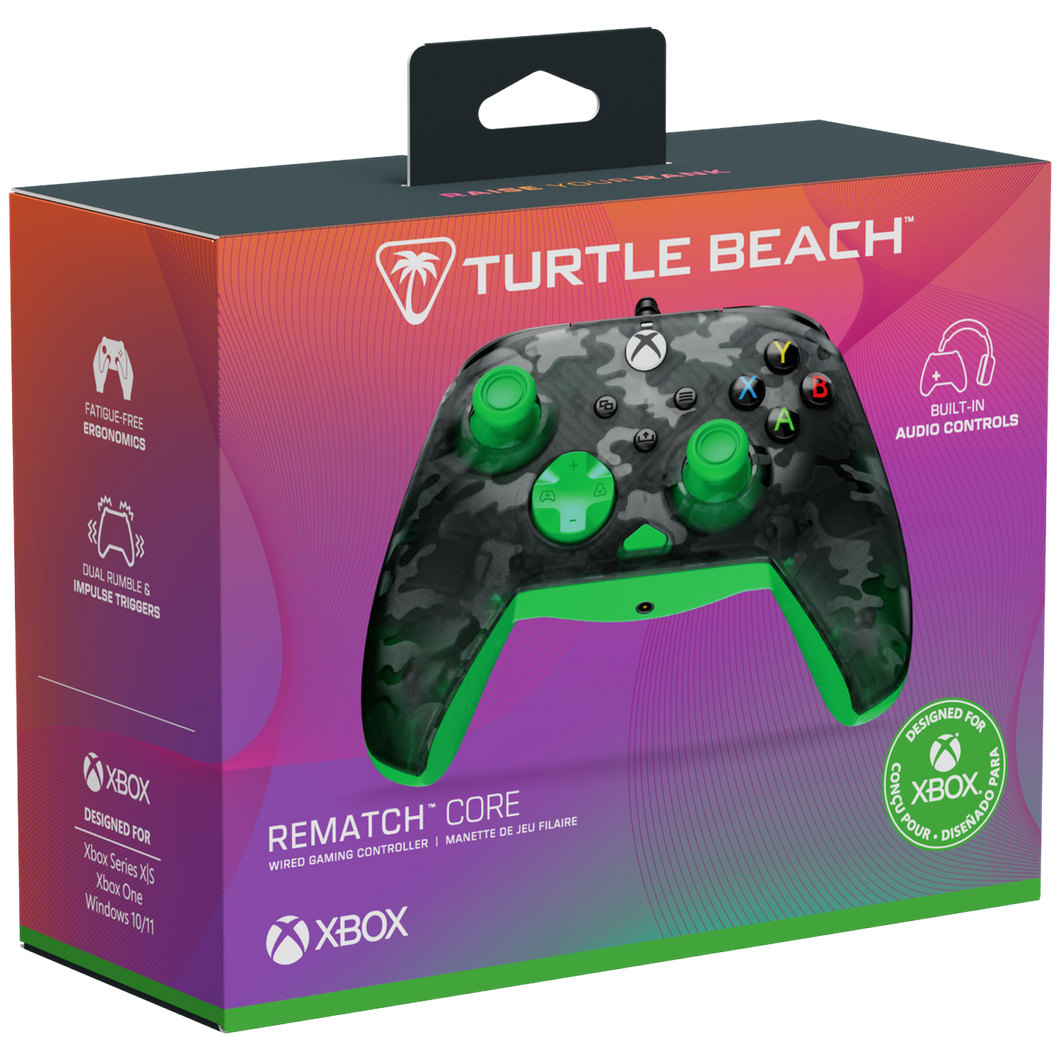Box for a Turtle Beach Rematch Core Xbox controller. Features green accents, camo design, and the Xbox logo.