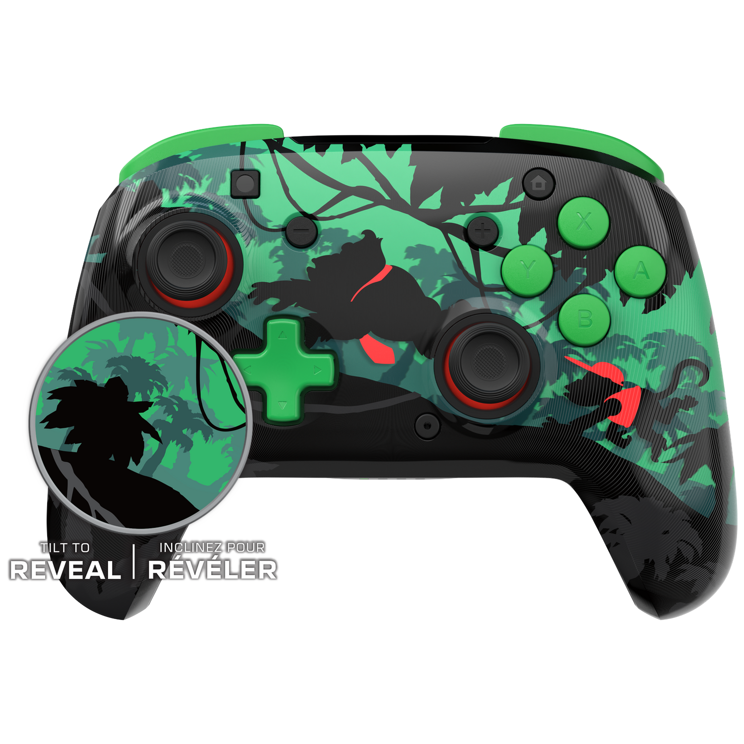 A black and green game controller with jungle design. It has buttons and a circular inset showing a tree silhouette.