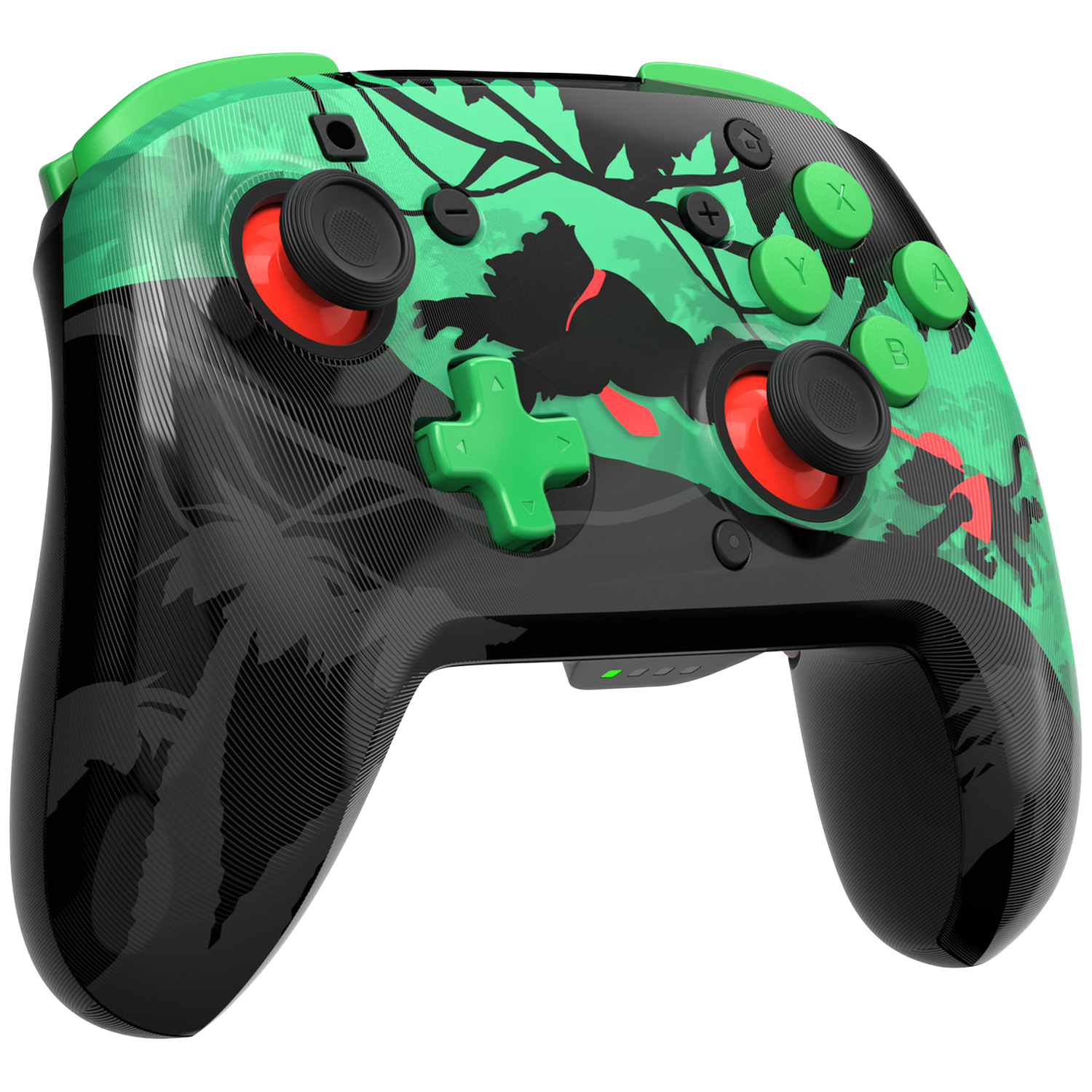 A green and black gaming controller with a jungle design. Features buttons, joysticks, and a D-pad.
