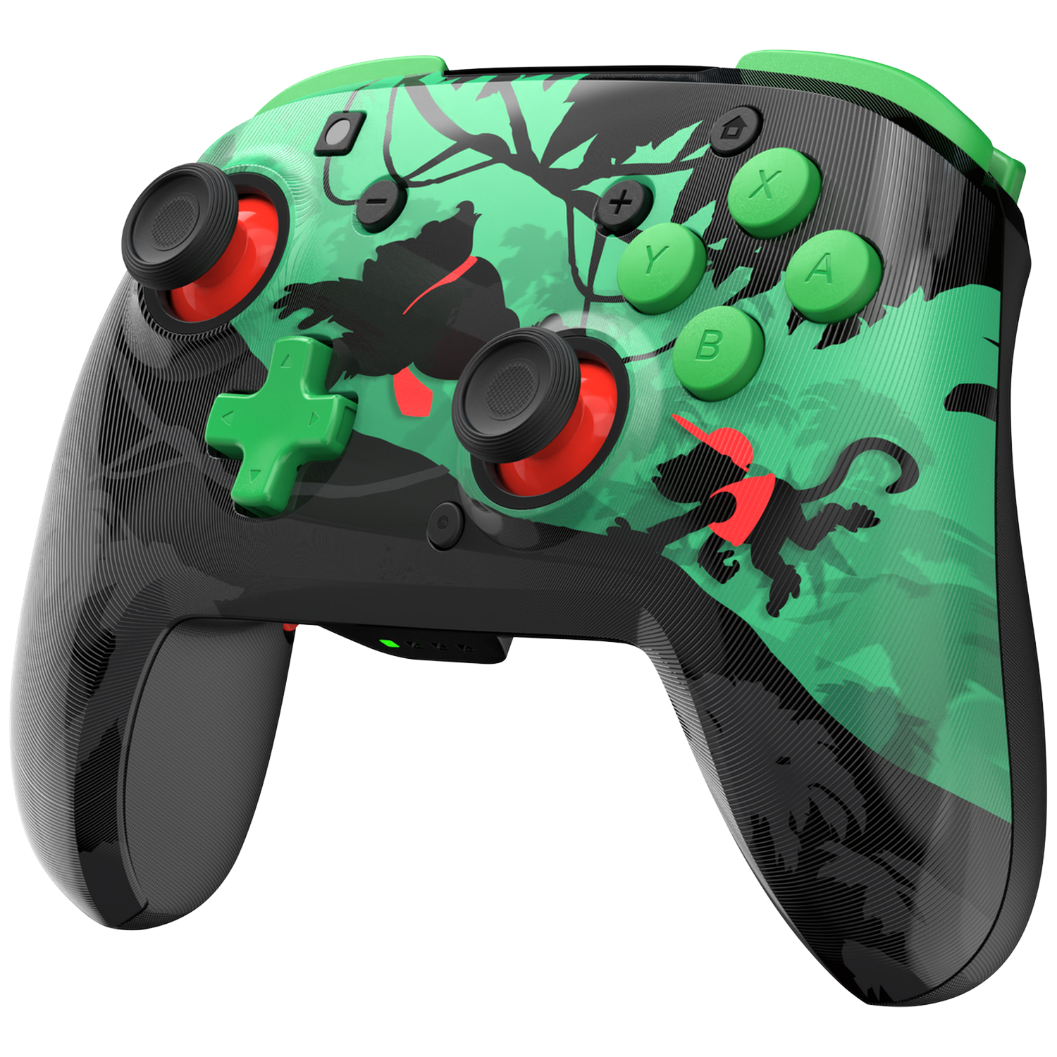 A Nintendo Switch Pro Controller. It features a green and black design with a Donkey Kong theme. The controller has buttons and joysticks.