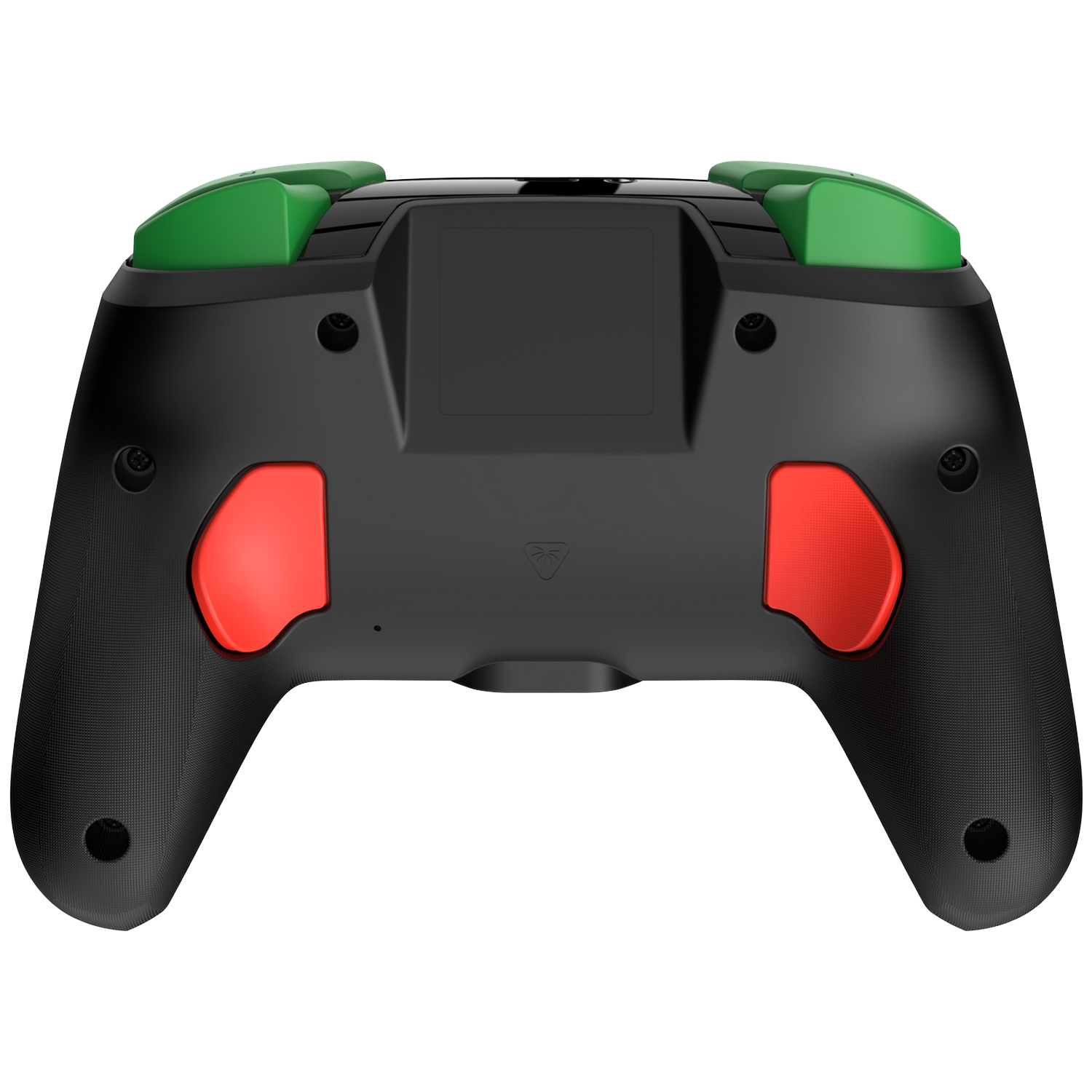 Black game controller with green top buttons and red triggers. The controller has a textured grip and a matte finish.