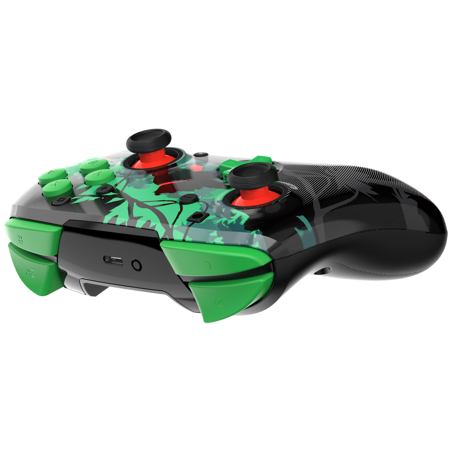 A colorful game controller with green buttons and accents, black joysticks with red bases, and a patterned design.
