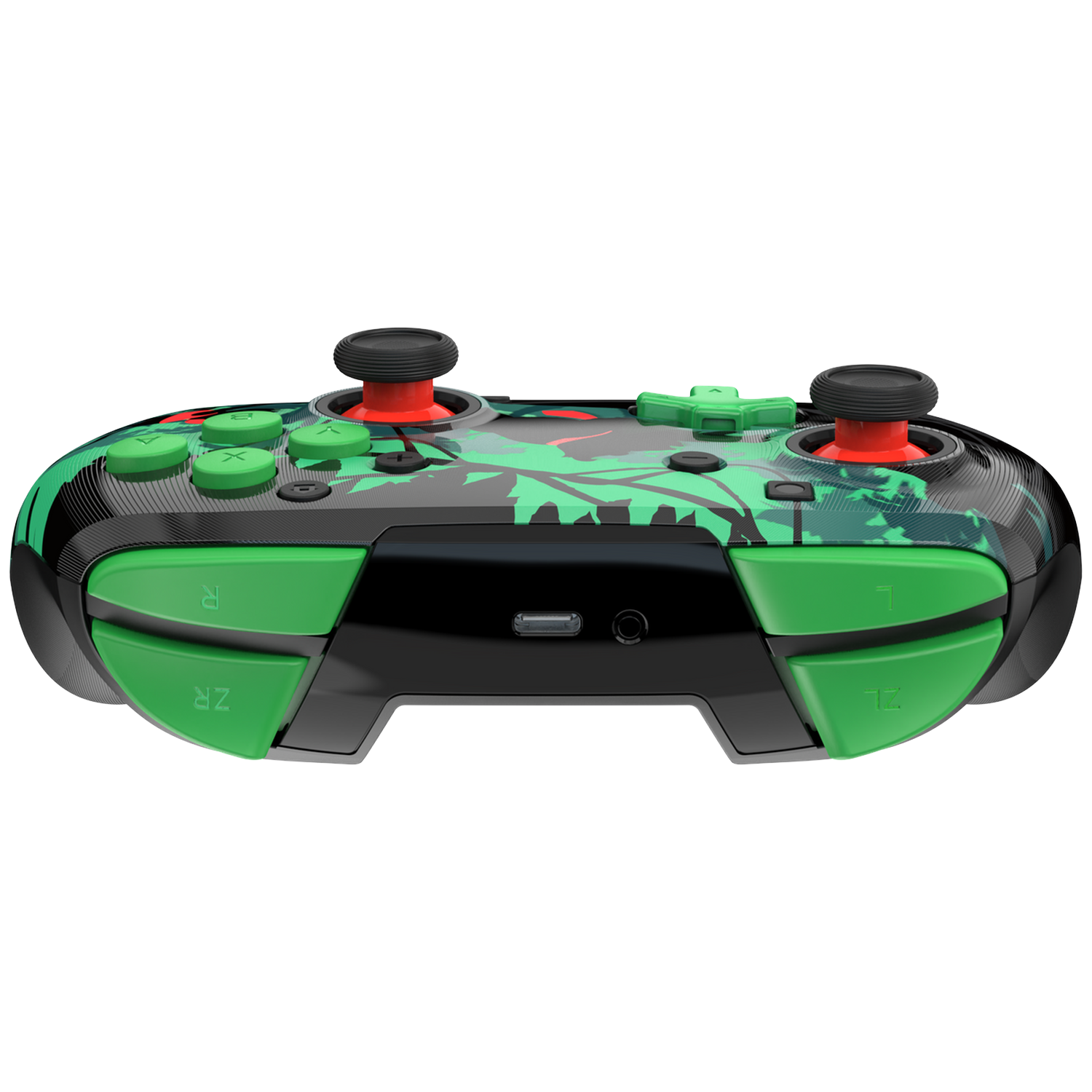 A green and black Switch controller with red joystick bases and green buttons. The design includes a leafy pattern.