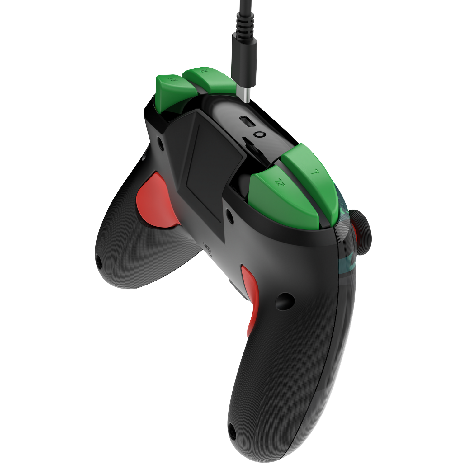 Black and red game controller with green buttons and a black cable. Angled view, isolated on white background.