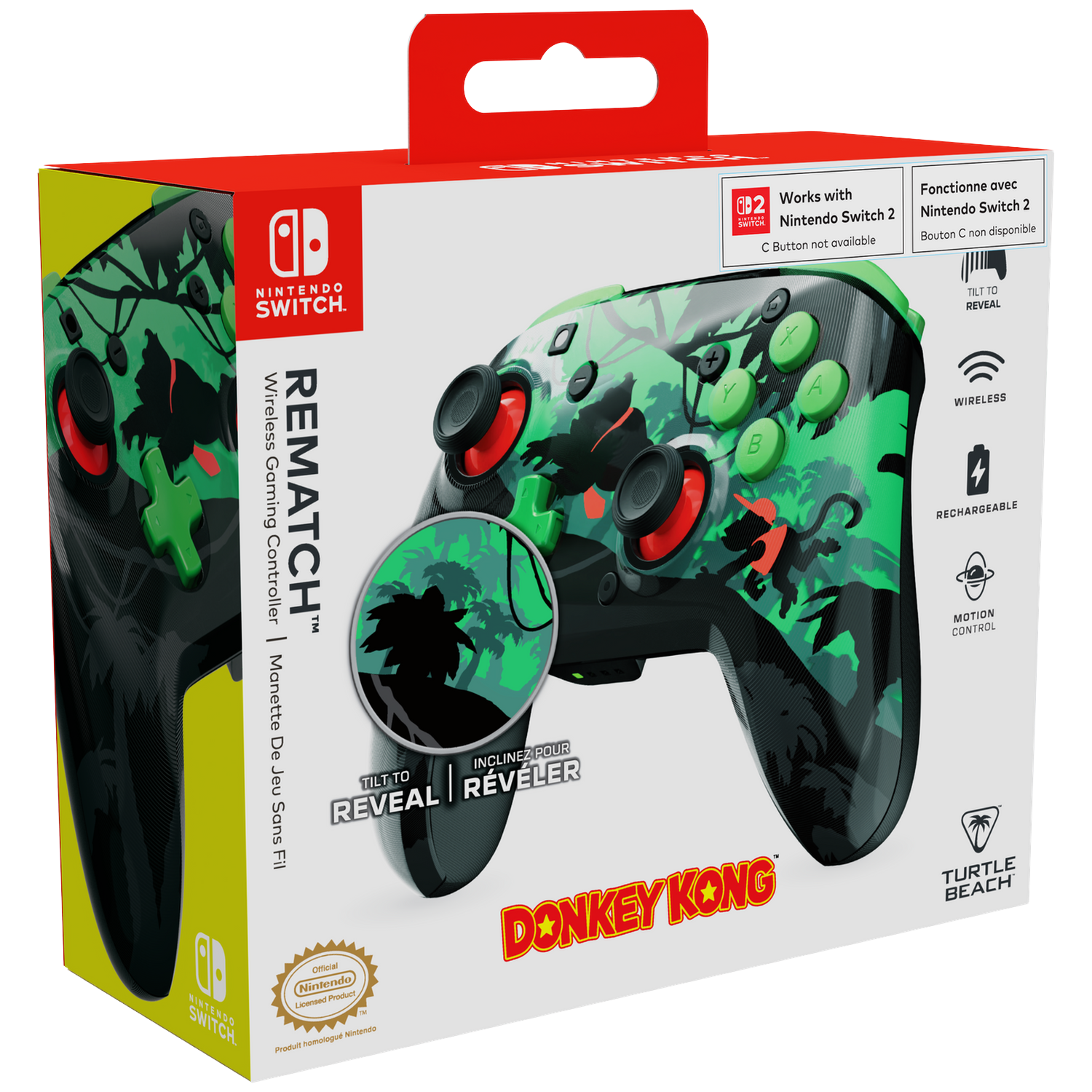 Box for a Nintendo Switch controller. It's Donkey Kong themed with green jungle design and the 'REMATCH' and 'TURTLE BEACH' logos.