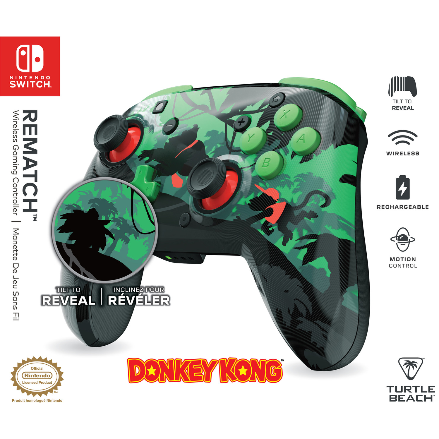 A Nintendo Switch wireless controller with a Donkey Kong theme. It features green and black jungle graphics and various buttons and features.