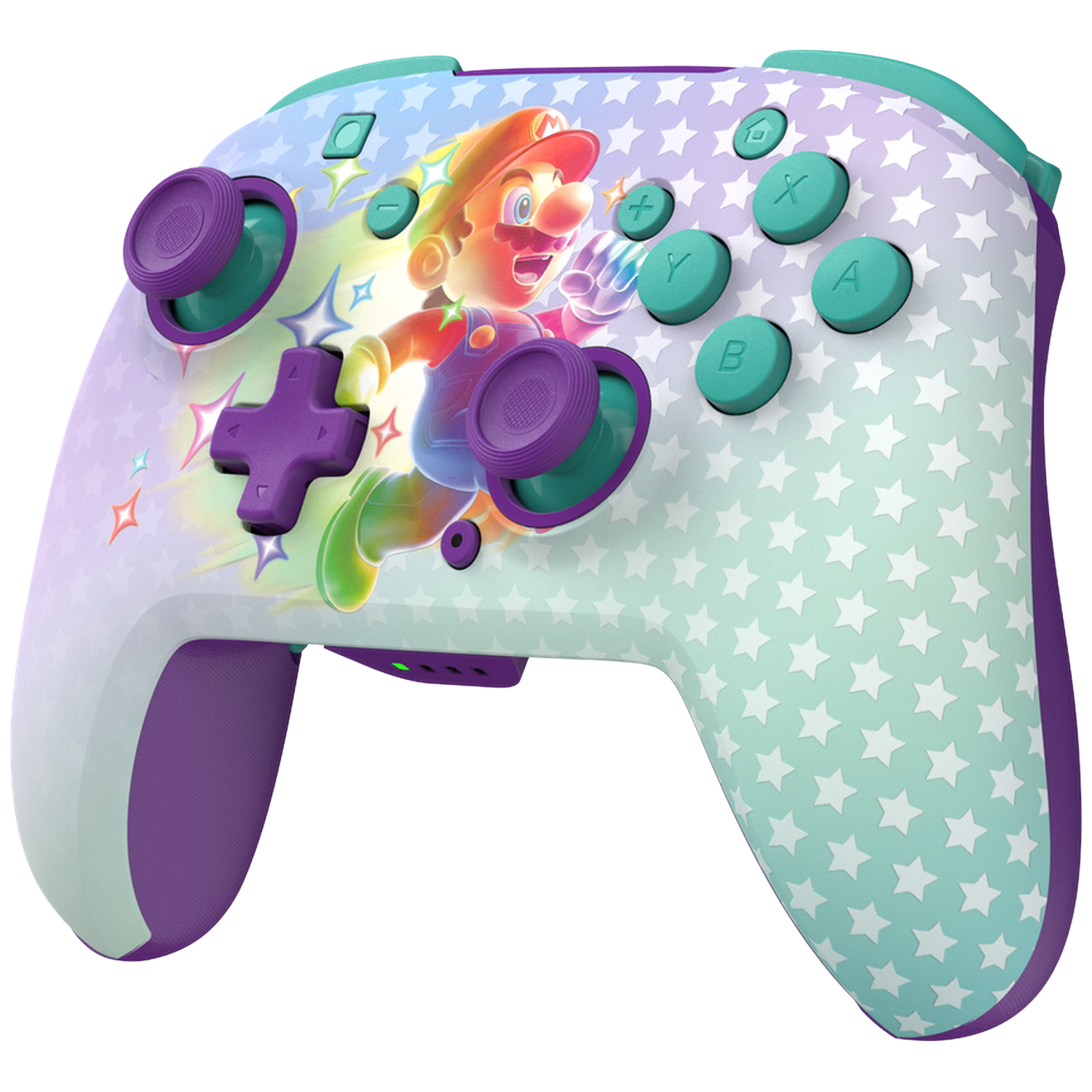 Een Nintendo Switch Pro Controller met Mario die springt. De controller is wit met sterrenpatronen en accenten van paars en blauwgroen.