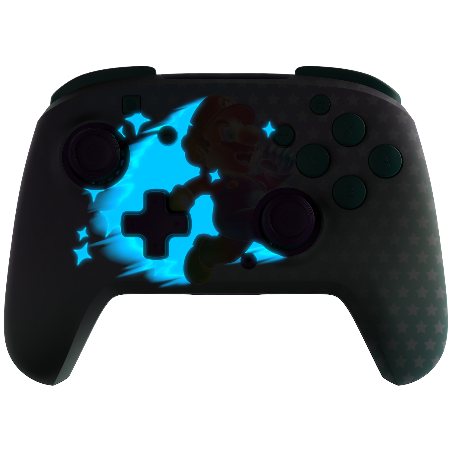 Een donkergrijze Nintendo Switch-controller met Mario-ontwerp en oplichtende blauwe accenten. Het heeft een sterrenpatroon op de handvatten.