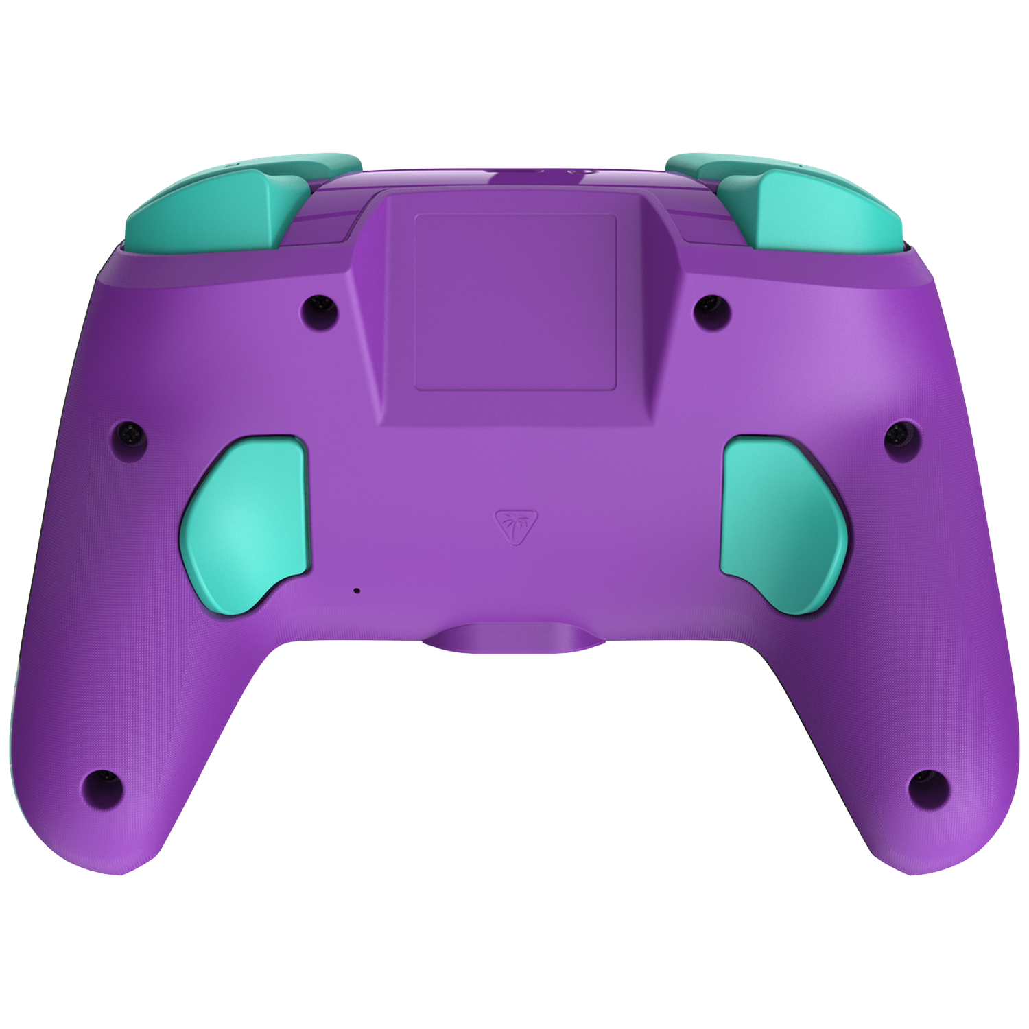 Achterkant van een paarse gamecontroller met turquoise knoppen. Het ontwerp omvat knoppen, triggers en een centraal paneel.