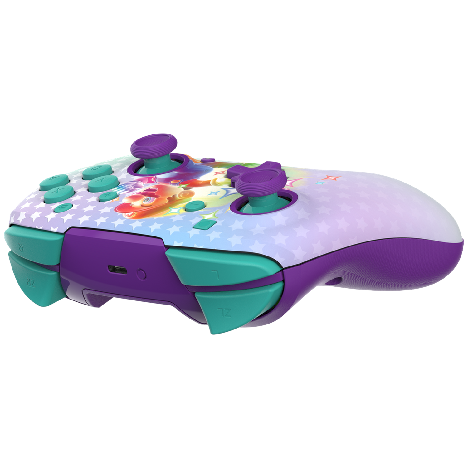 Een paarse en blauwgroene Switch-controller met een cartoonontwerp. Het heeft sterrenpatronen, paarse joysticks en blauwgroene knoppen.