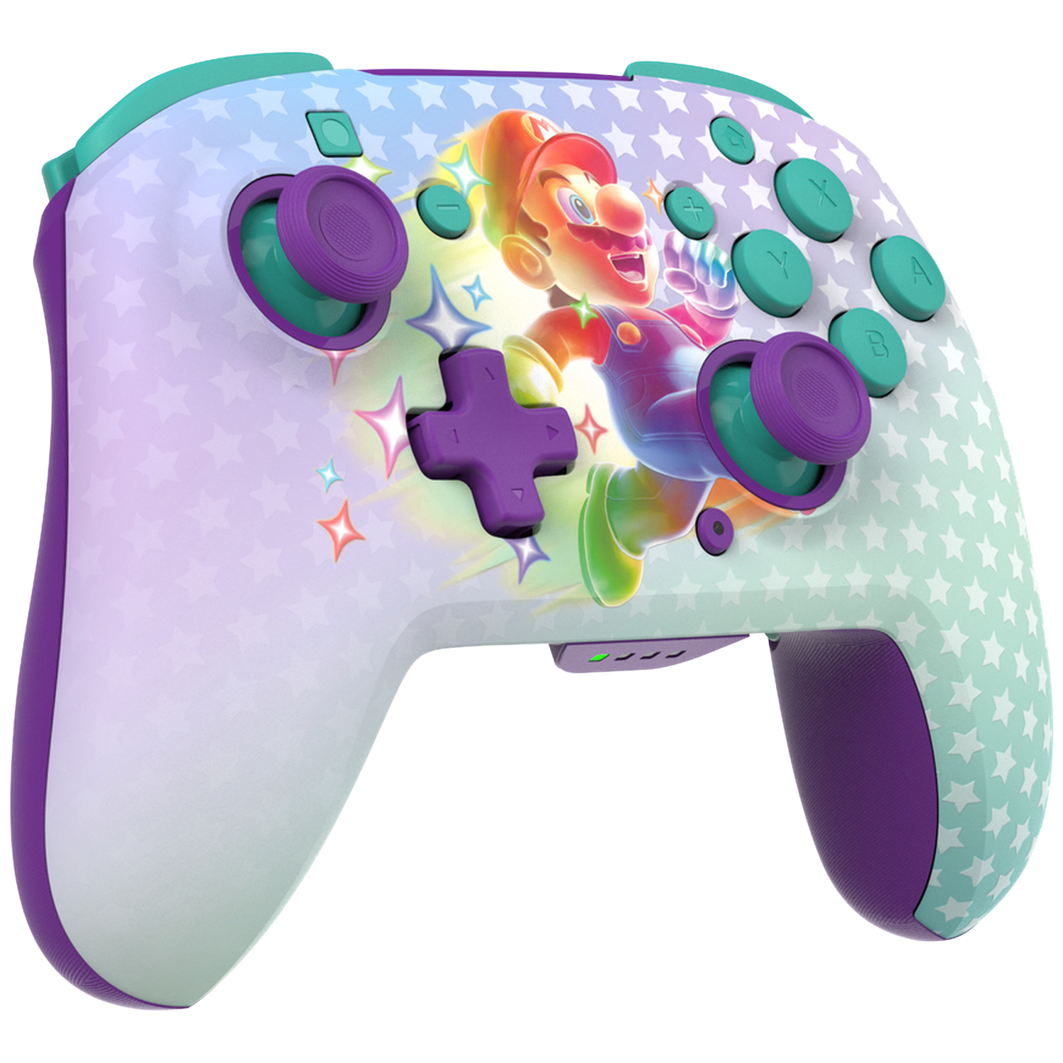 Een kleurrijke Nintendo Switch Pro Controller. Het heeft Mario, sterren en een paars, blauwgroen en wit kleurenschema.