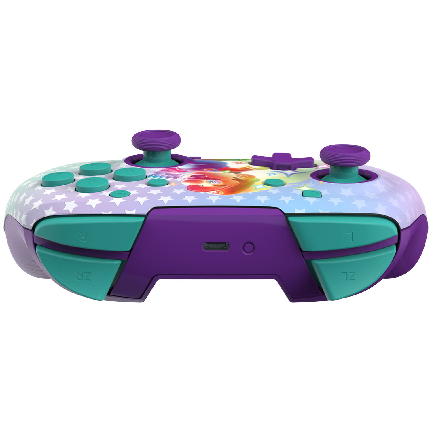 Een kleurrijke gamecontroller. Paarse, turquoise en witte sterren sieren de bovenkant. Het heeft knoppen, joysticks en een oplaadpoort.