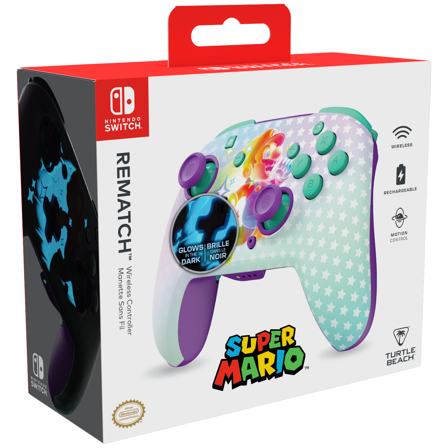 Nintendo Switch controller doos. Met Super Mario design, witte controller met sterren en het Nintendo Switch logo.
