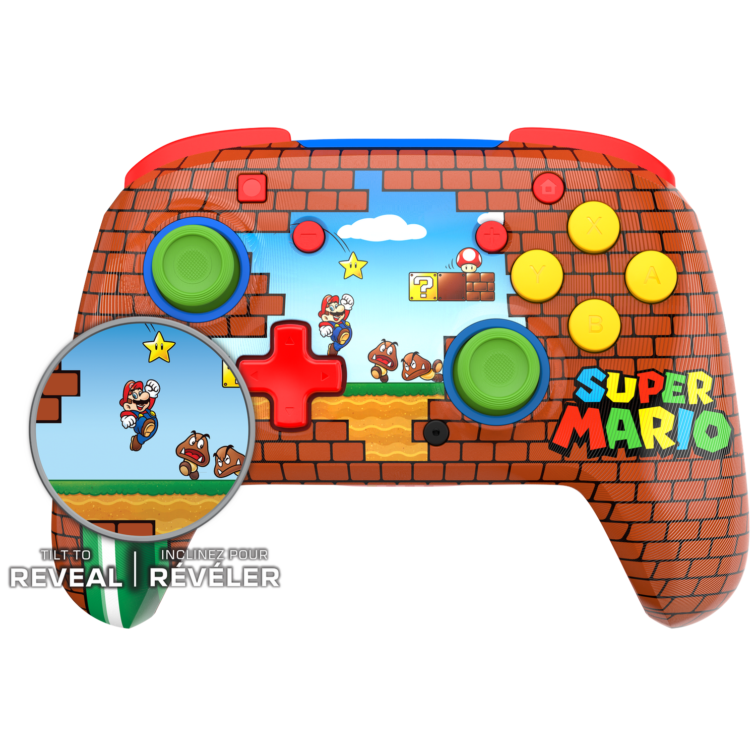 A Super Mario-themed controller. It features Mario characters, brick patterns, and game elements. Buttons include green, yellow, and red.