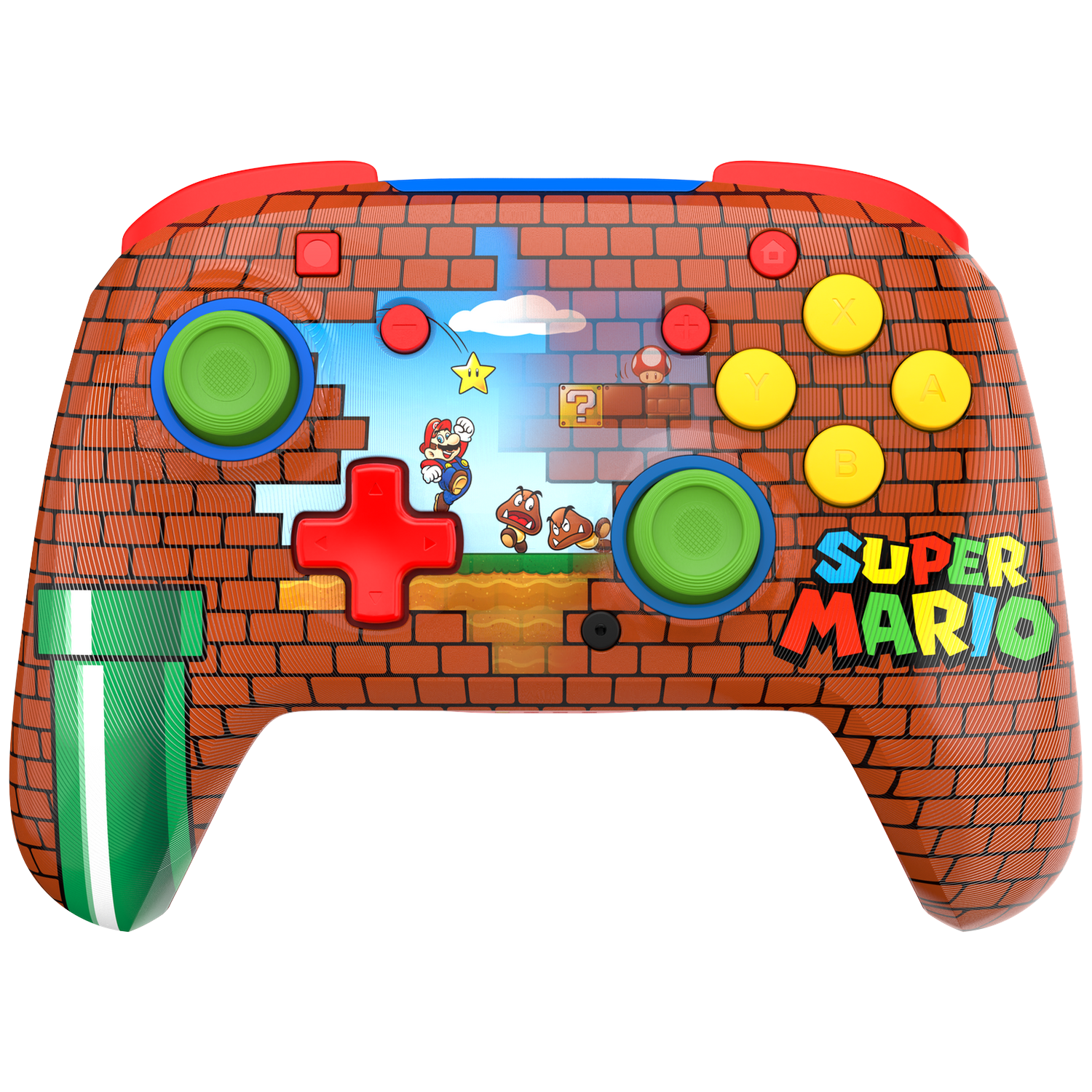 A Super Mario themed game controller. It has a brick pattern, Mario art, and colorful buttons. The design is vibrant and detailed.