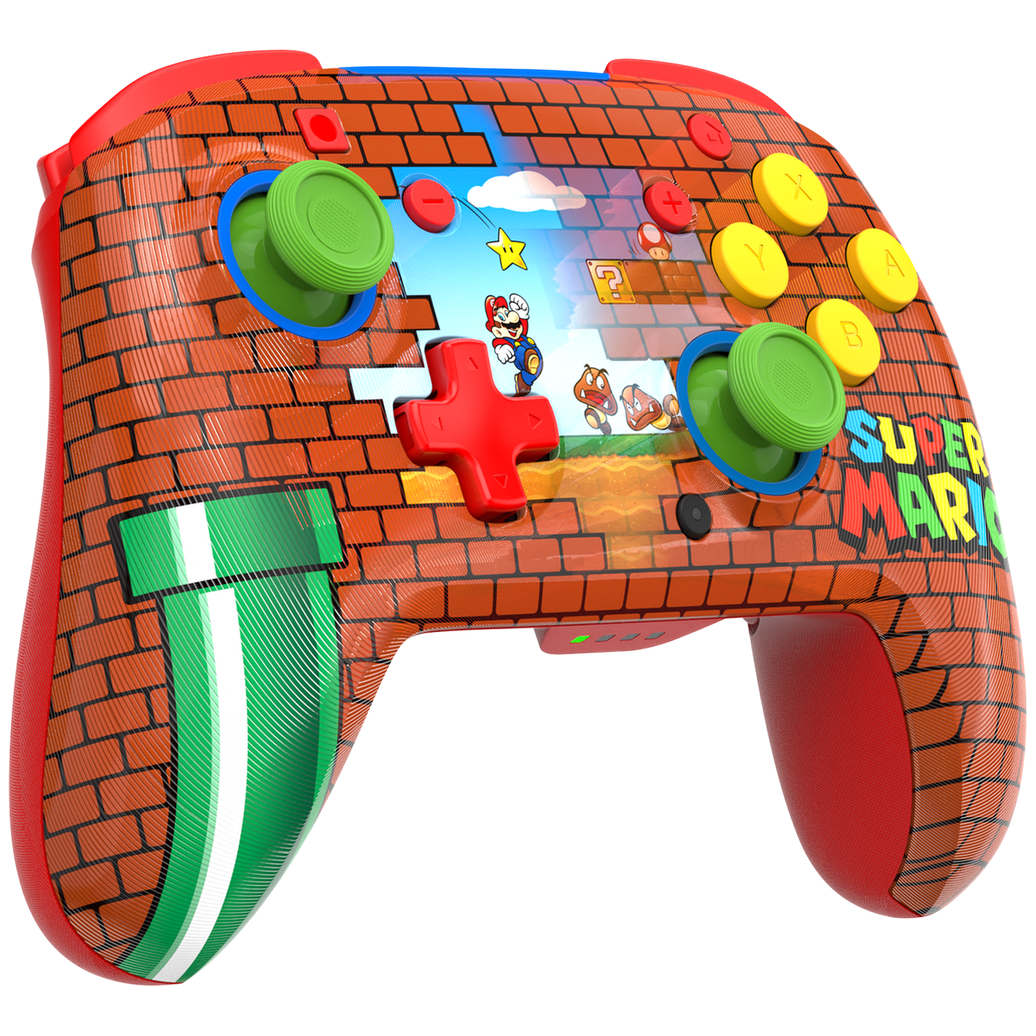 A Super Mario-themed game controller. Red and brick-patterned. Mario characters are in the screen.