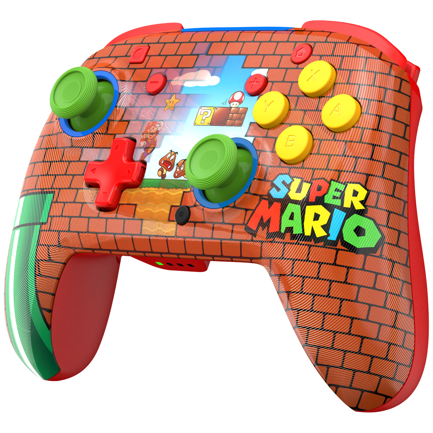 A Super Mario-themed controller. Red, yellow, and green buttons are visible. The controller has a brick pattern.