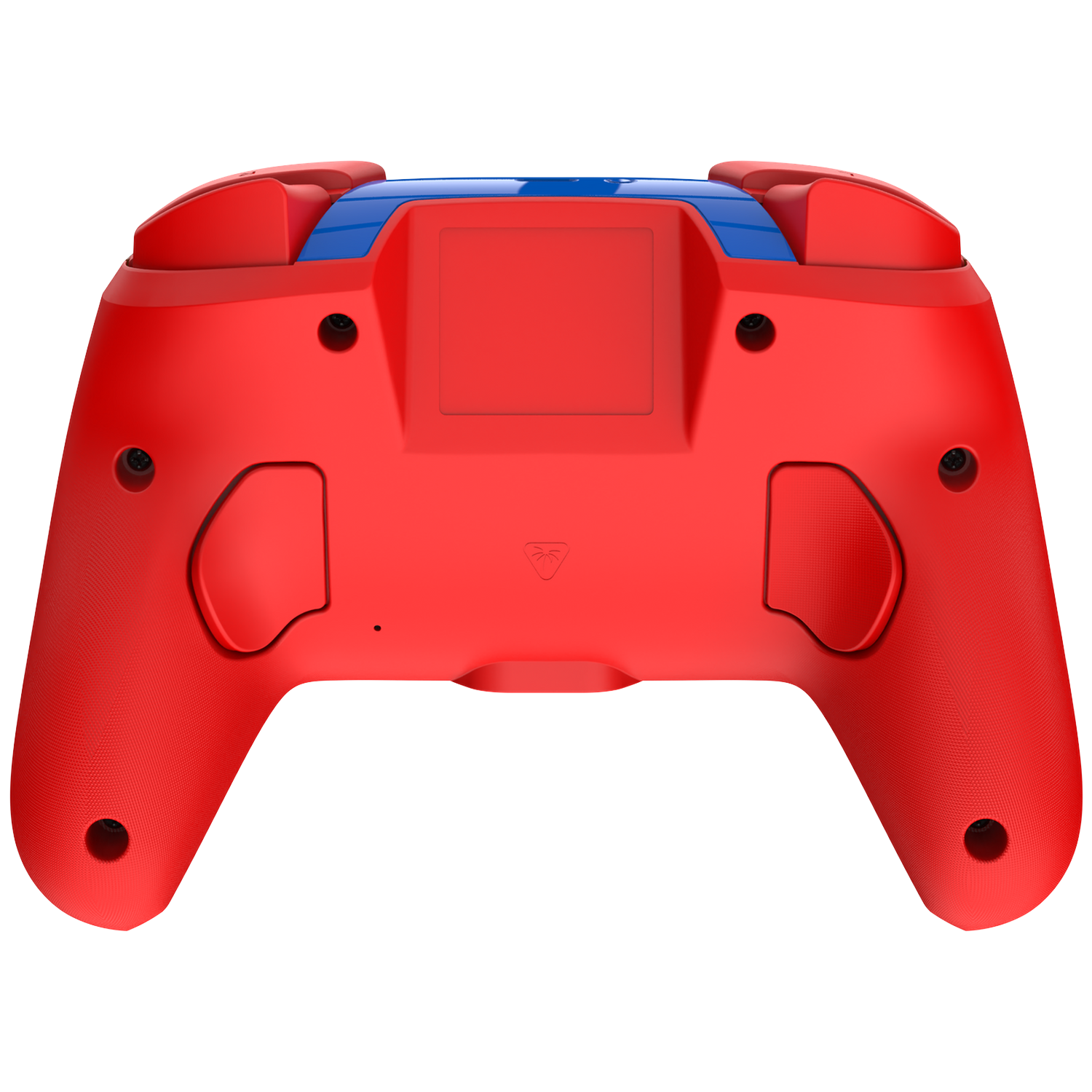 Red and blue game controller. The back side is shown, with buttons and grip areas. A logo is visible at the bottom.