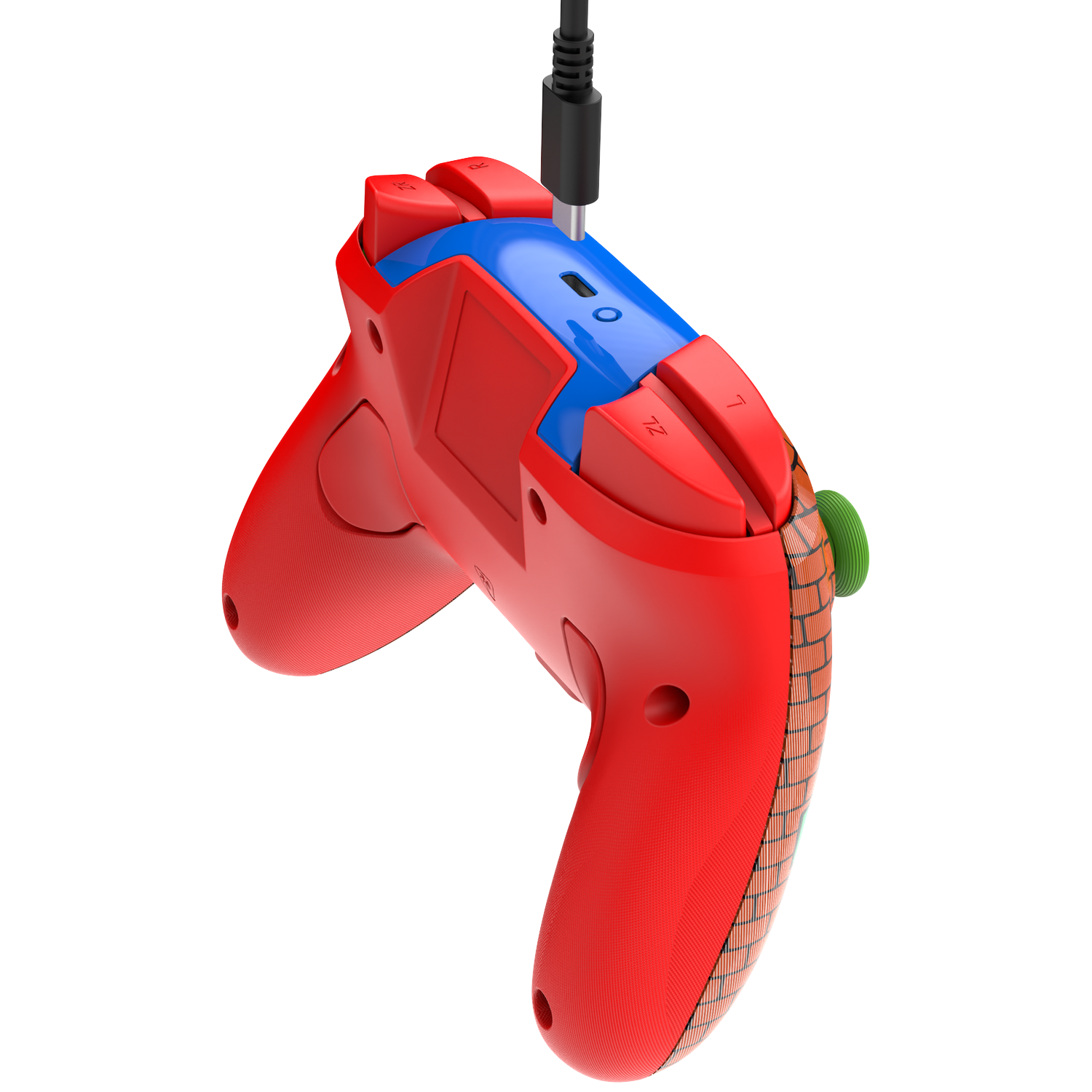 Red and blue game controller with a black cable plugged in. The controller has a textured grip, with a green button.