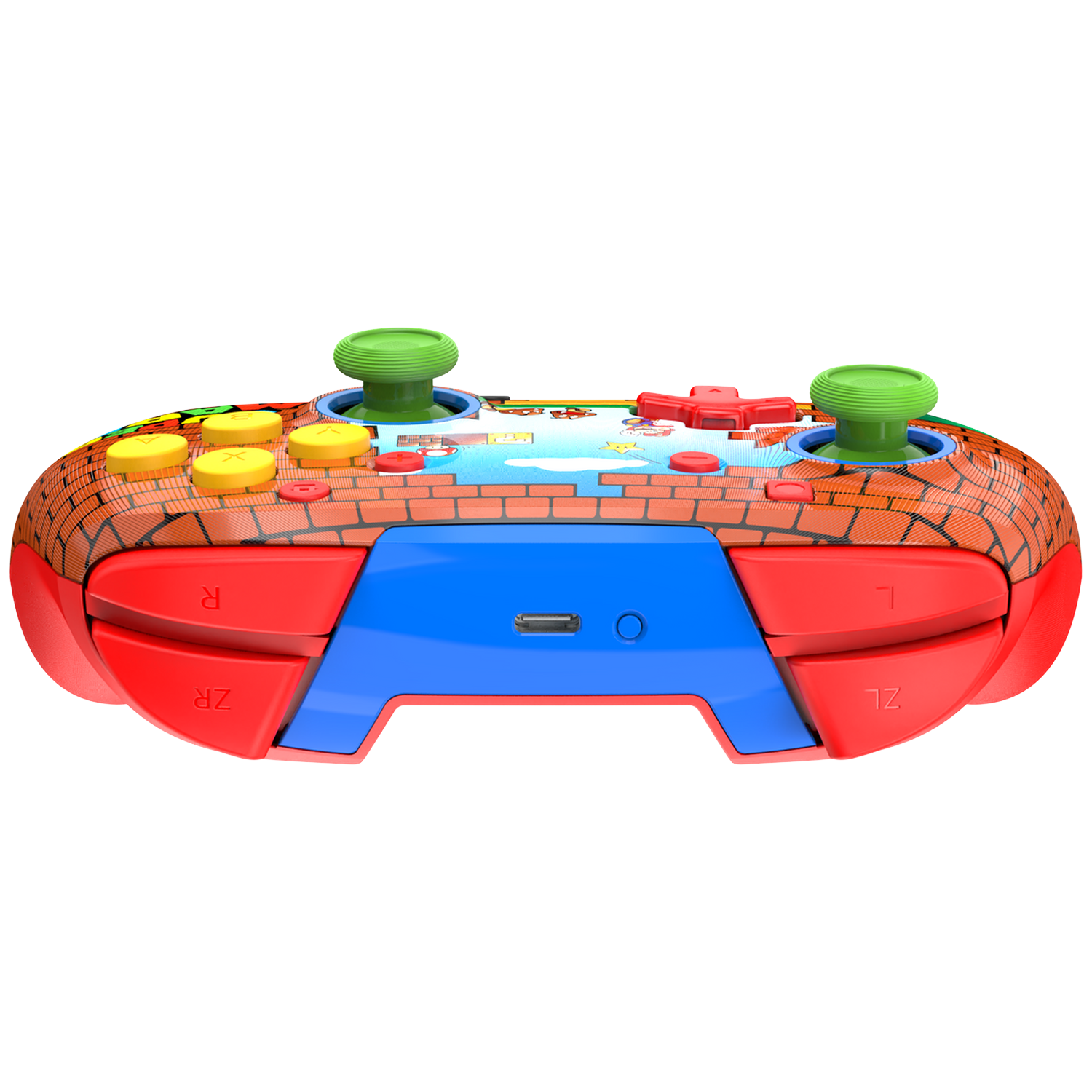 A red, blue, and brick-patterned video game controller with yellow and red buttons, and green joysticks, isolated on white.