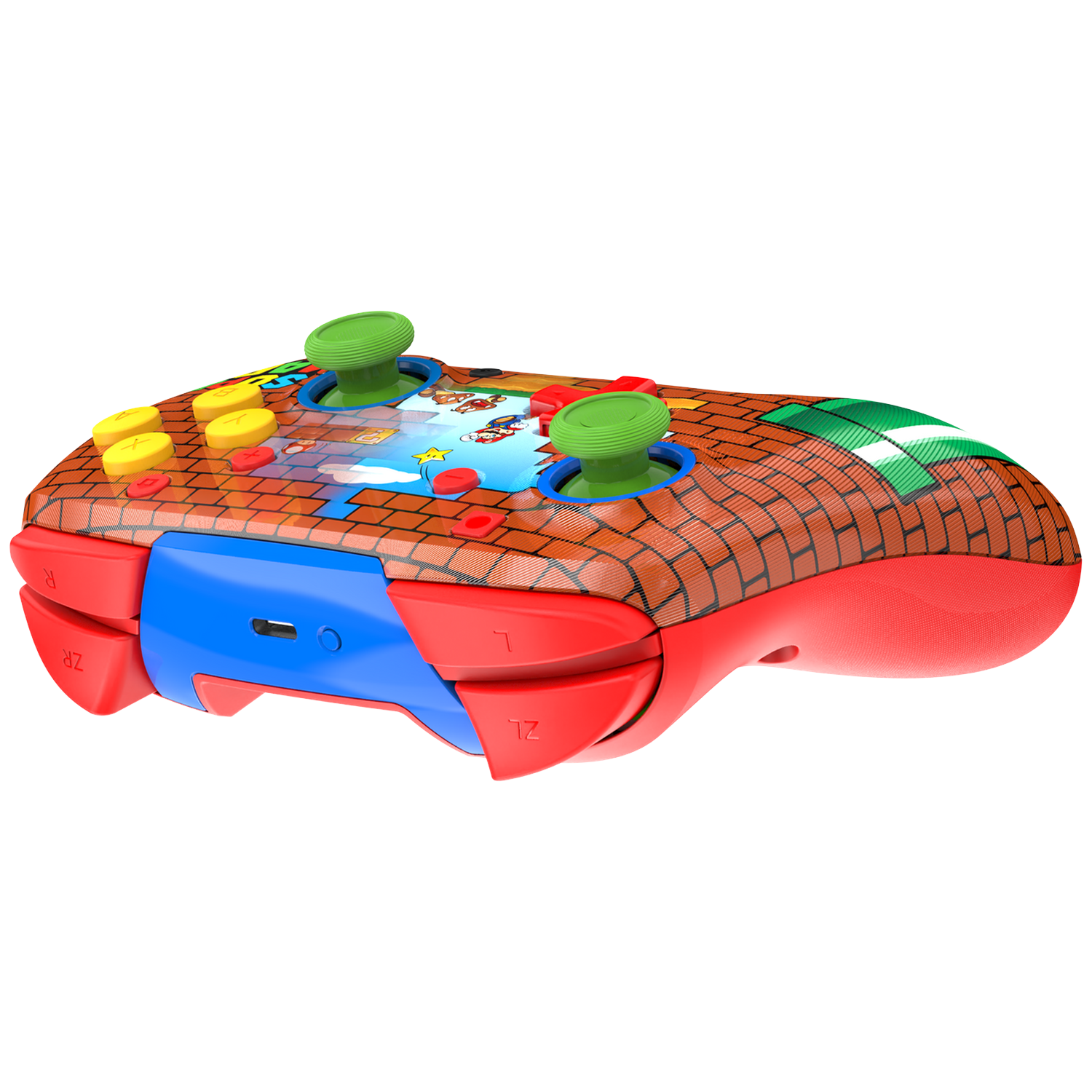 A red, blue, and brown Super Mario-themed game controller. It features green joysticks and yellow buttons.