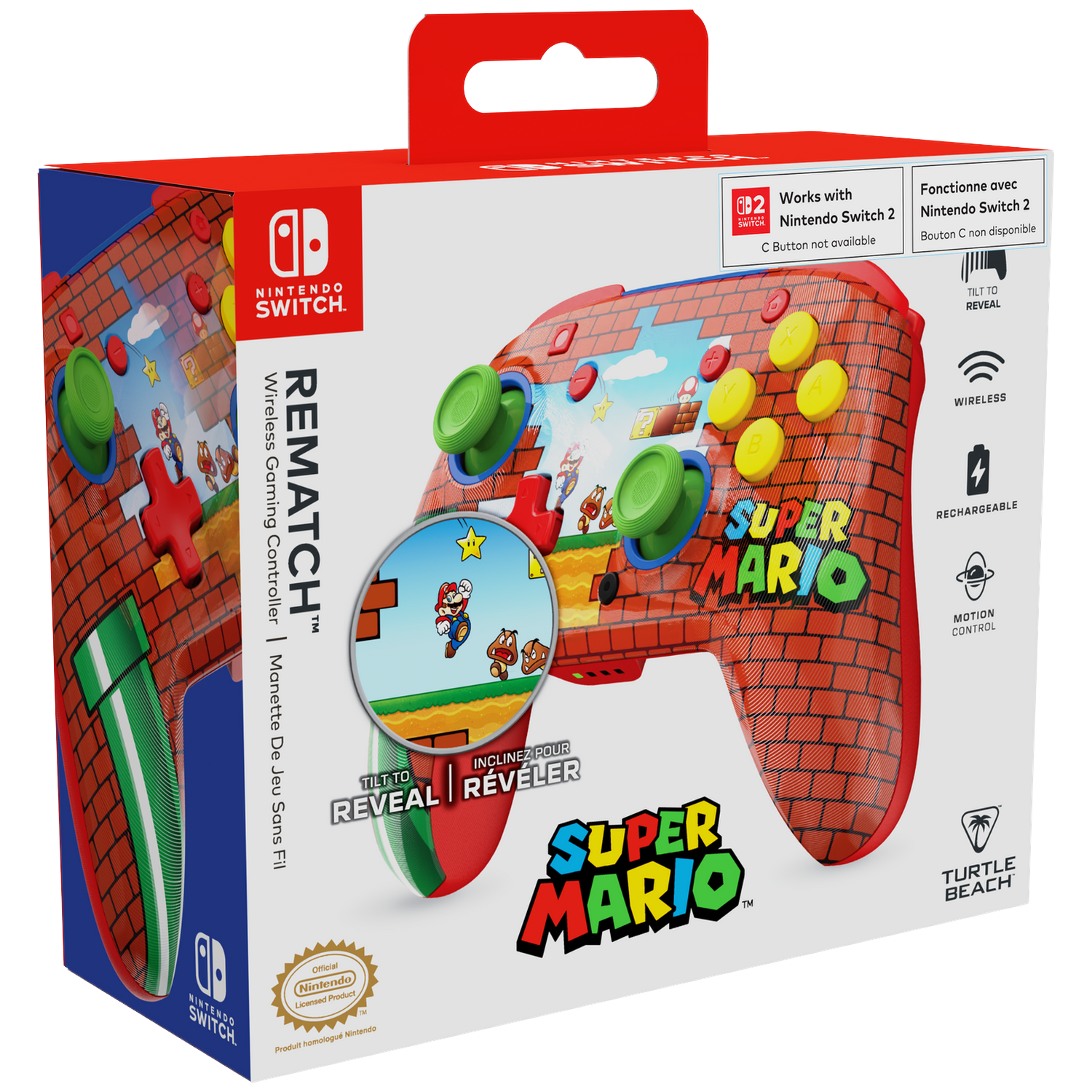Box for a Nintendo Switch controller. It's red with brick design and Super Mario graphics.