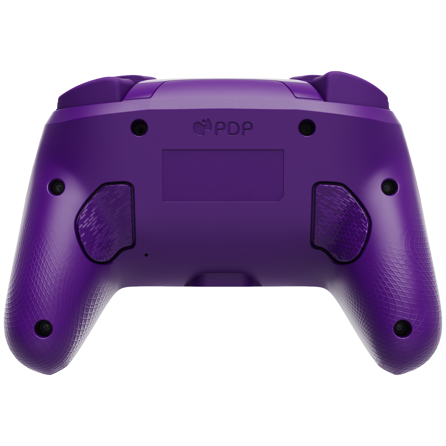 Een paarse gamecontroller met het merk PDP erop. Het heeft getextureerde grepen en knoppen, tegen een witte achtergrond.