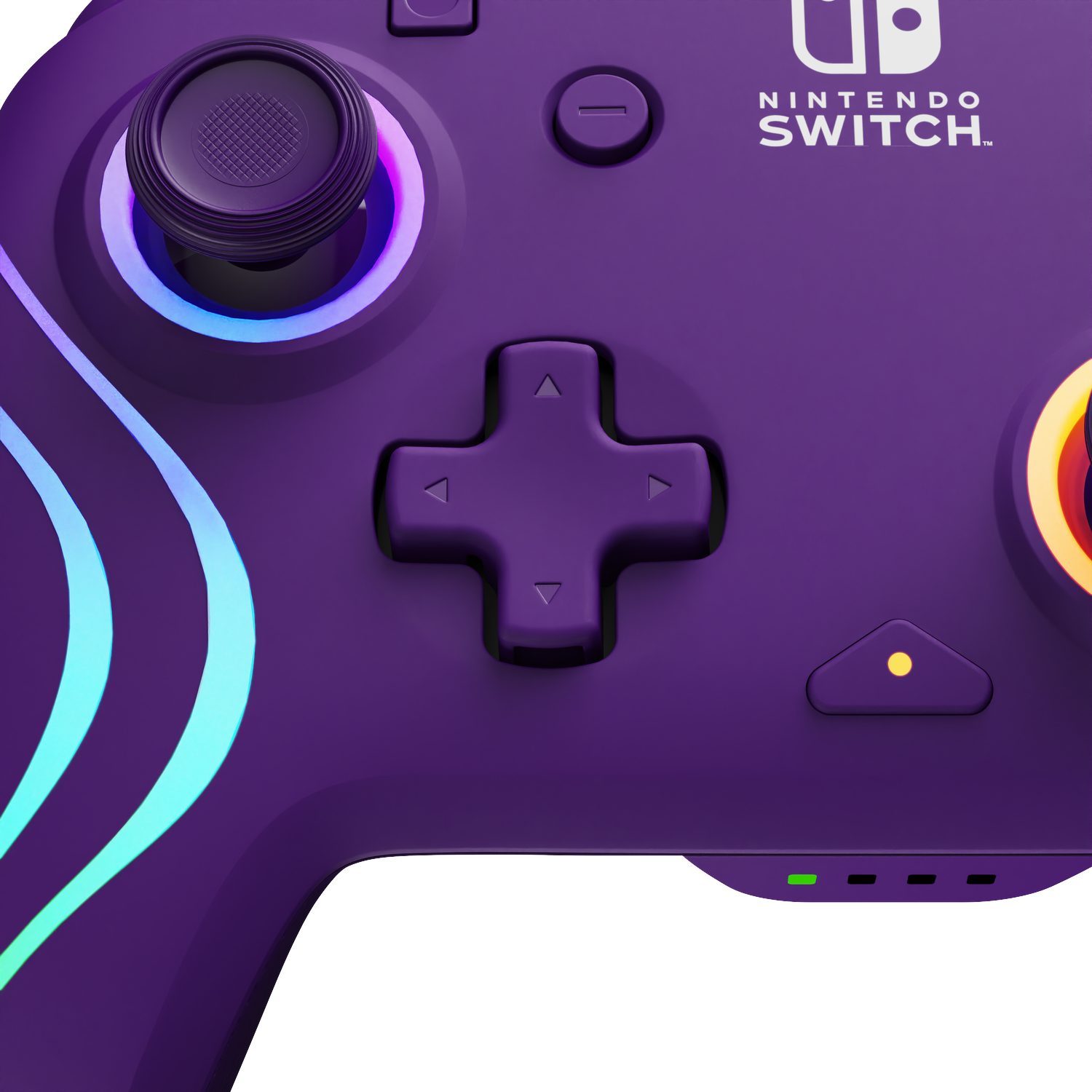 Een paarse Nintendo Switch-controller. Voorzien van een joystick, D-pad en knoppen. Blauwe en roze lichten zijn zichtbaar.