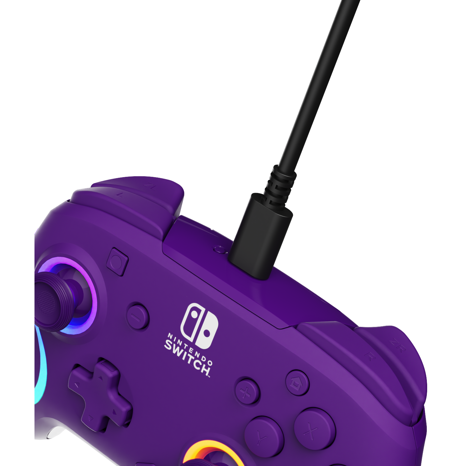 Een paarse Nintendo Switch-controller met een zwarte kabel. De controller heeft knoppen en een joystick met kleurrijke lichten.