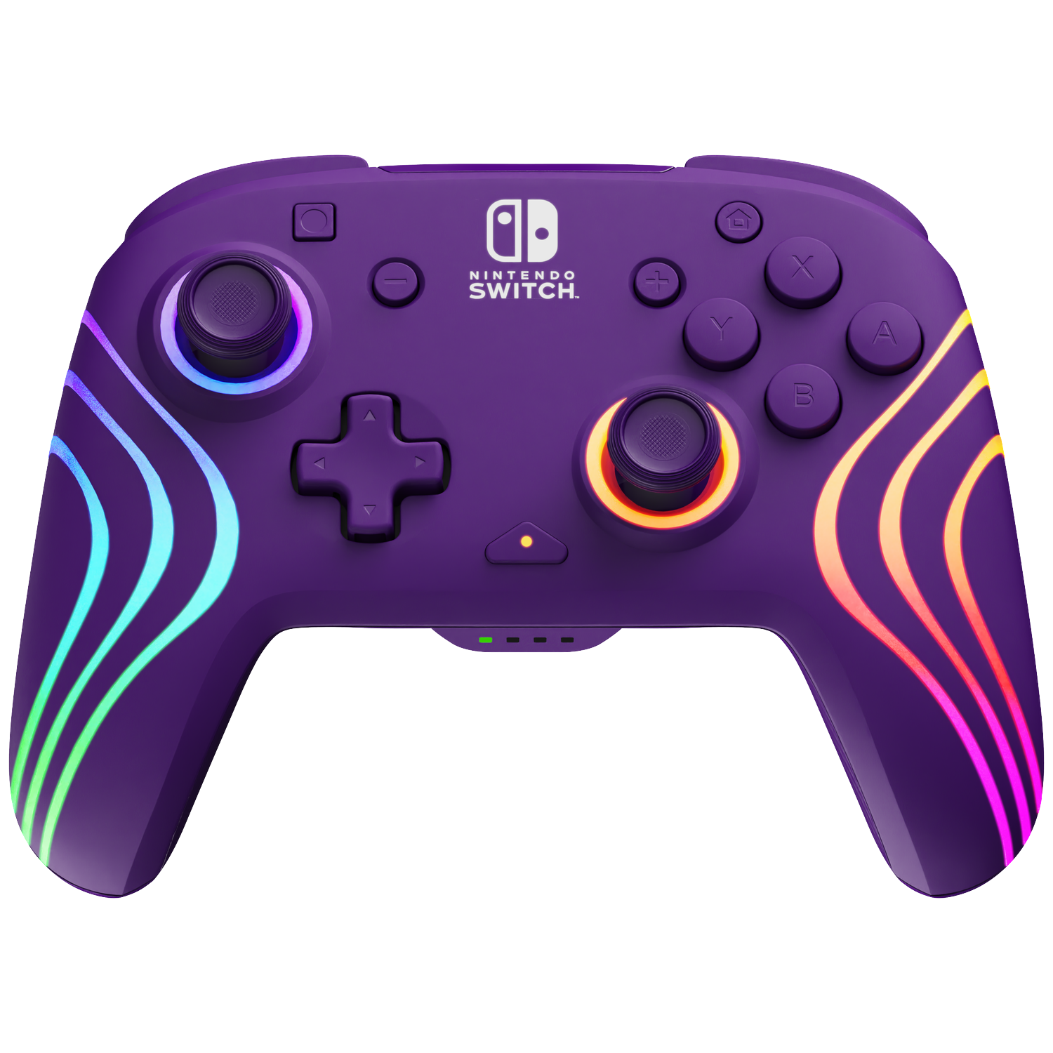 Een paarse Nintendo Switch Pro Controller. Het heeft kleurrijke lichtsporen en knoplabels. Het Nintendo Switch-logo is zichtbaar.
