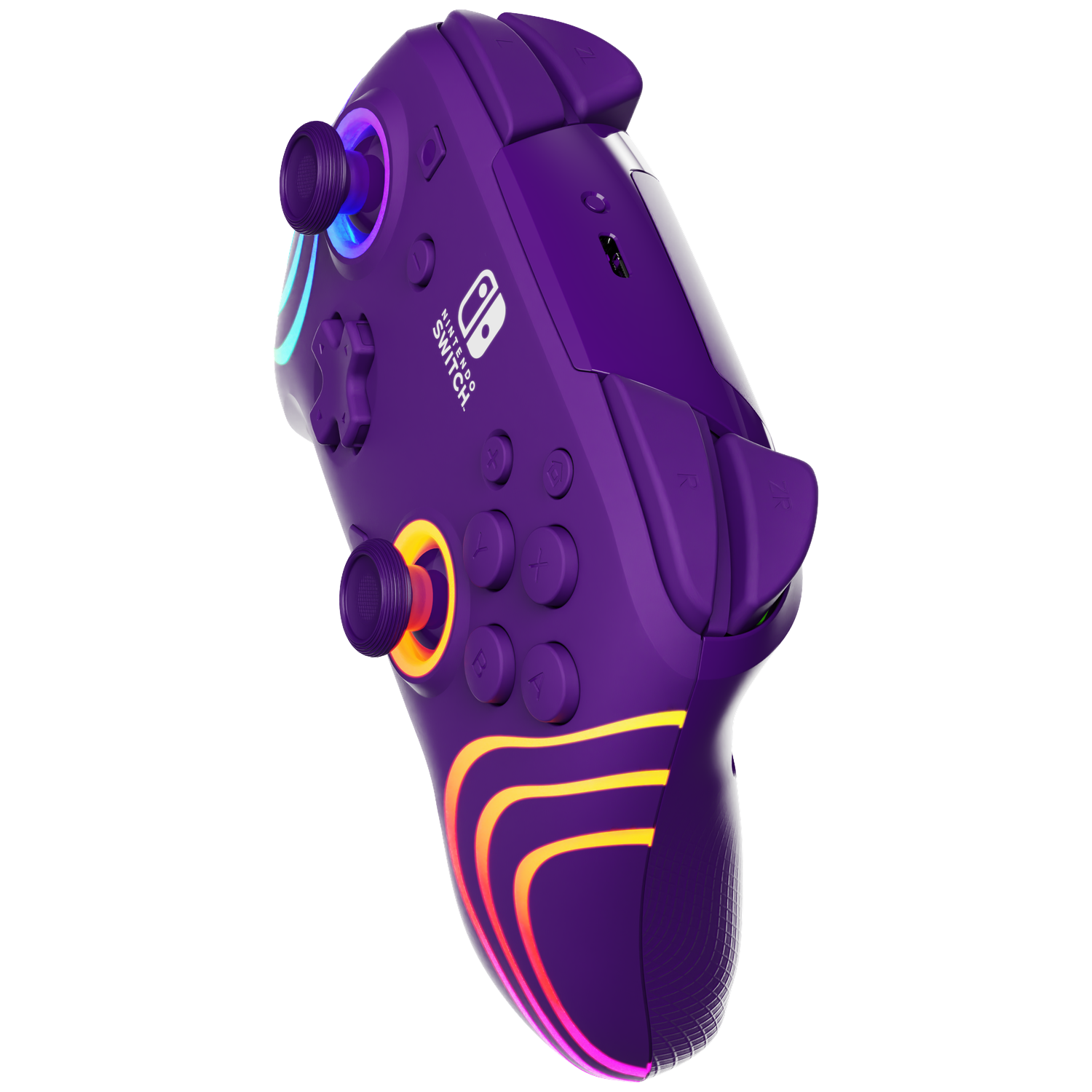 Een paarse Nintendo Switch-controller met gloeiende lichten. De controller heeft knoppen en joysticks. De achtergrond is wit.