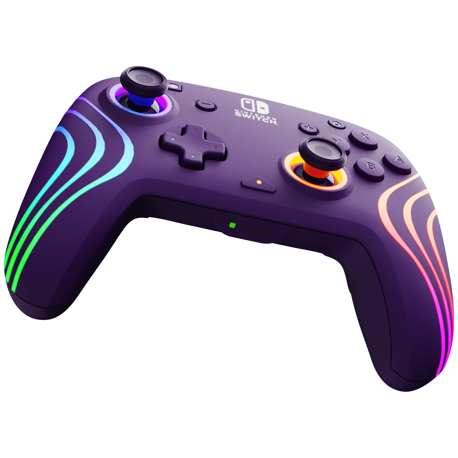 Een paarse Nintendo Switch-controller met gloeiende kleurrijke lijnen. Het heeft knoppen en joysticks. Het Switch-logo is zichtbaar.