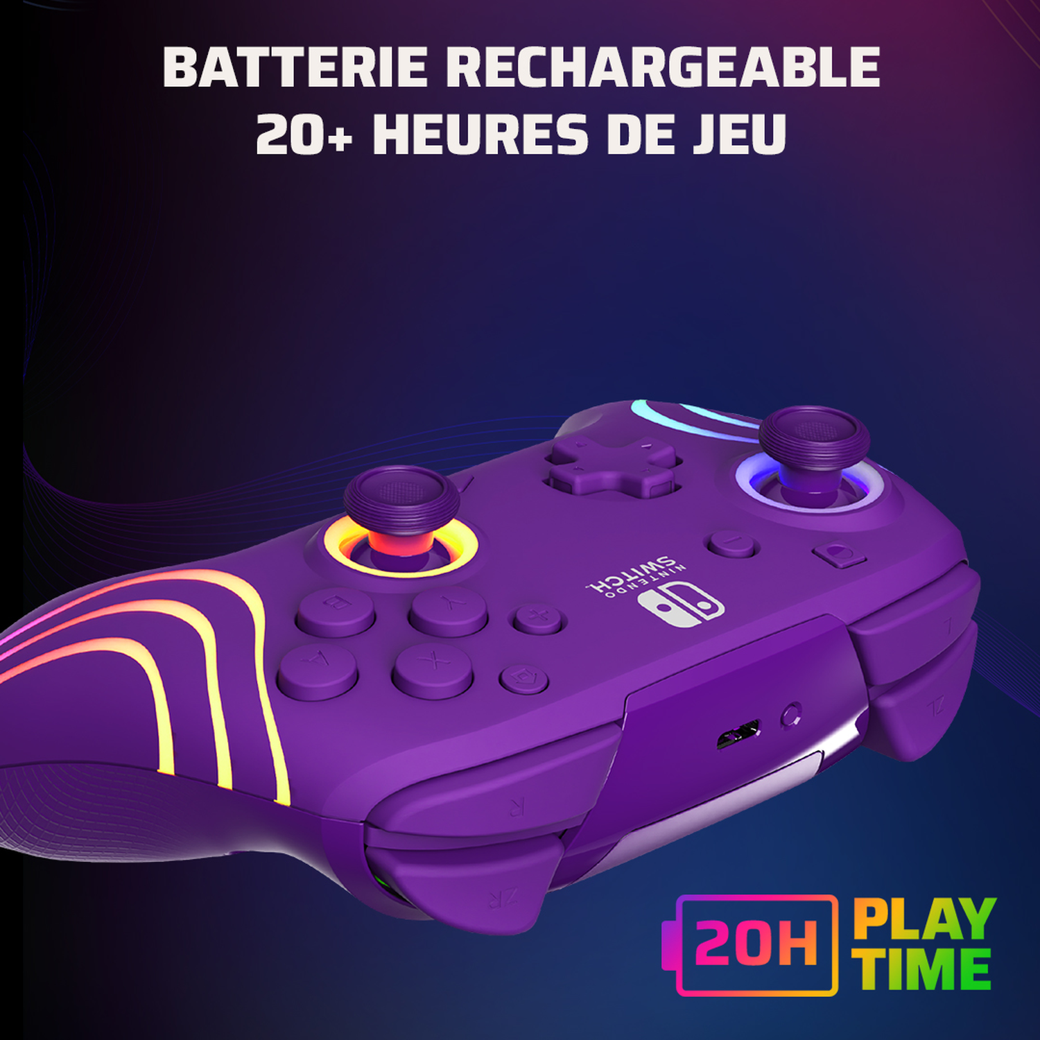 Paarse Nintendo Switch controller met gloeiende accenten. Boven: 'BATTERIE RECHARGEABLE 20+ HEURES DE JEU'.