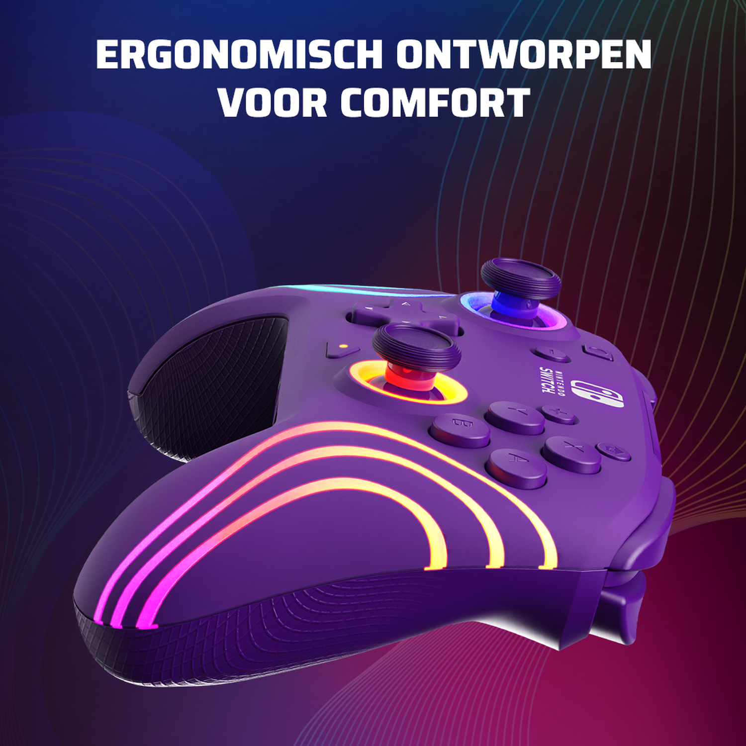 Paarse ergonomische Nintendo Switch-controller met gloeiende lijnen en tekst 'ERGONOMISCH ONTWORPEN VOOR COMFORT'.