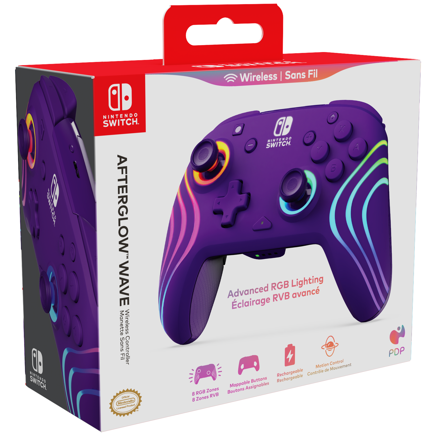Doos voor een paarse Nintendo Switch-controller. Voorzien van draadloos, RGB-verlichting en oplaadbaar.
