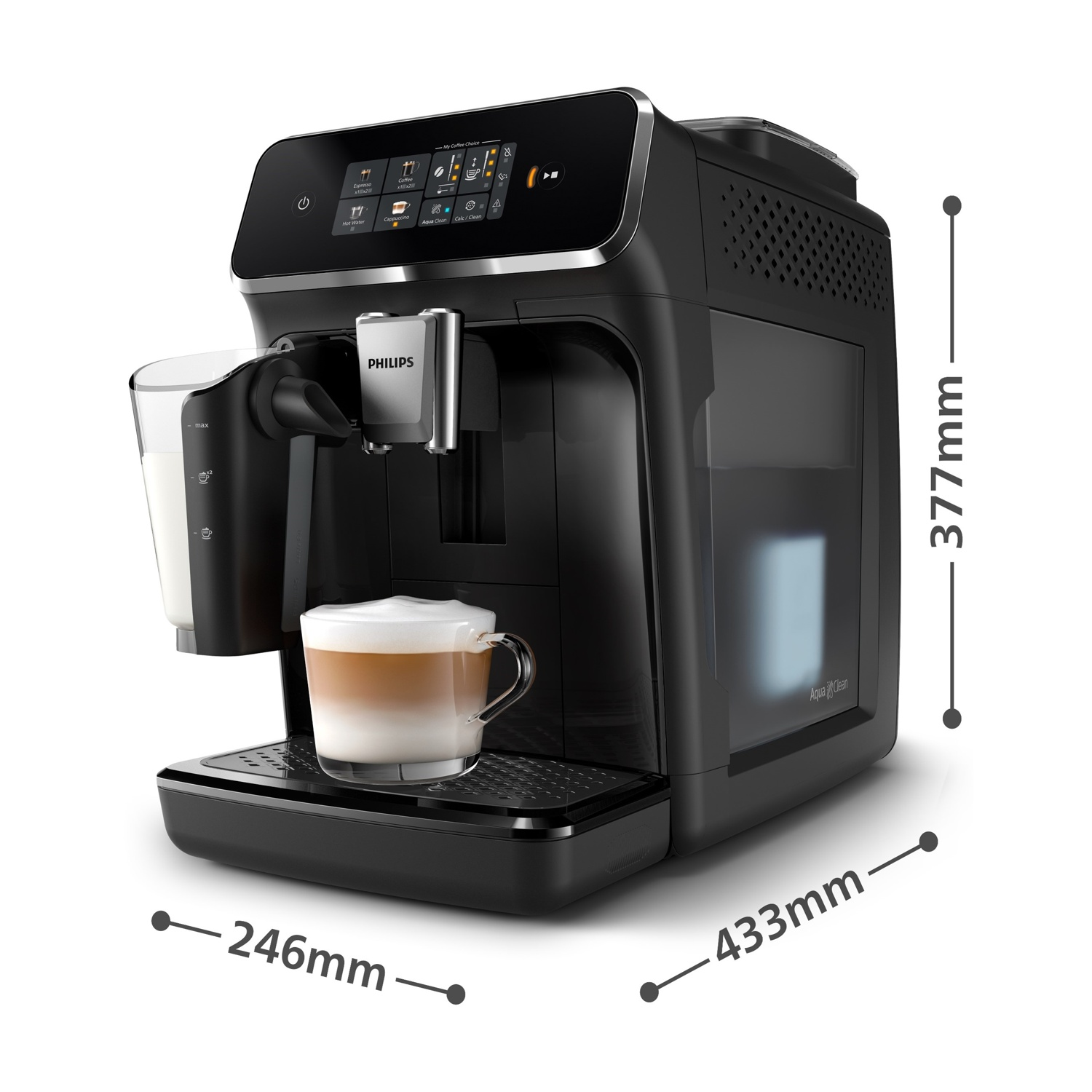 Macchina da caffè Philips nera con latte. Dimensioni mostrate. Contenitore del latte a sinistra, serbatoio dell'acqua a destra.