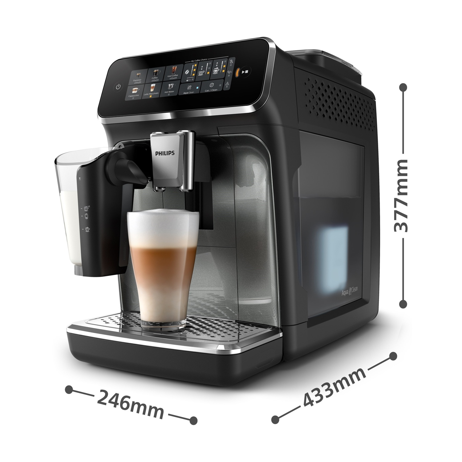 Una macchina da caffè espresso Philips nera con un bicchiere di latte macchiato. Dimensioni: 246 mm x 433 mm x 377 mm. Contenitore del latte a sinistra.