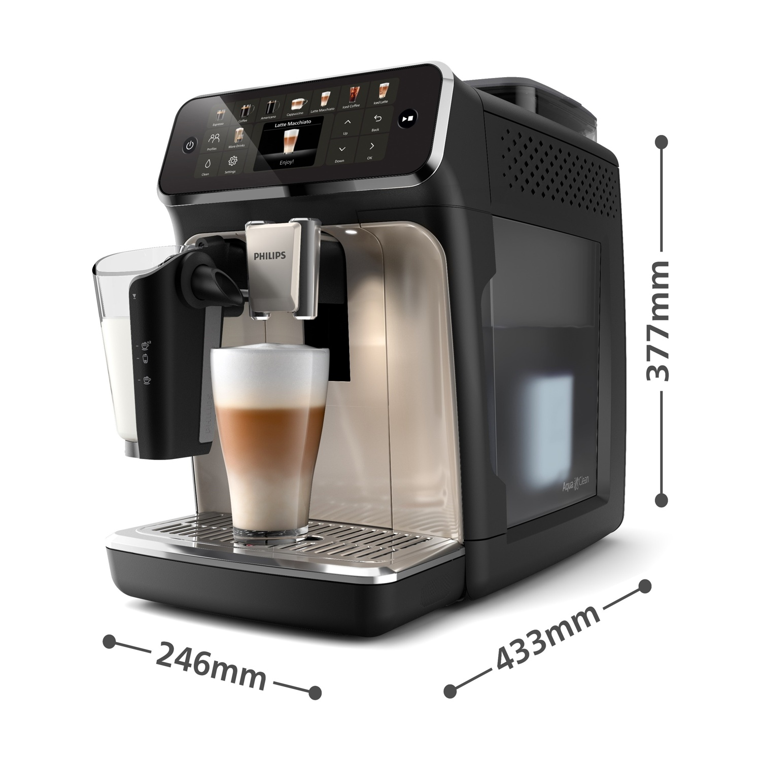 Una macchina da caffè Philips nera e argento. Un bicchiere di latte macchiato è in posizione. Dimensioni: 246 mm, 433 mm e 377 mm.