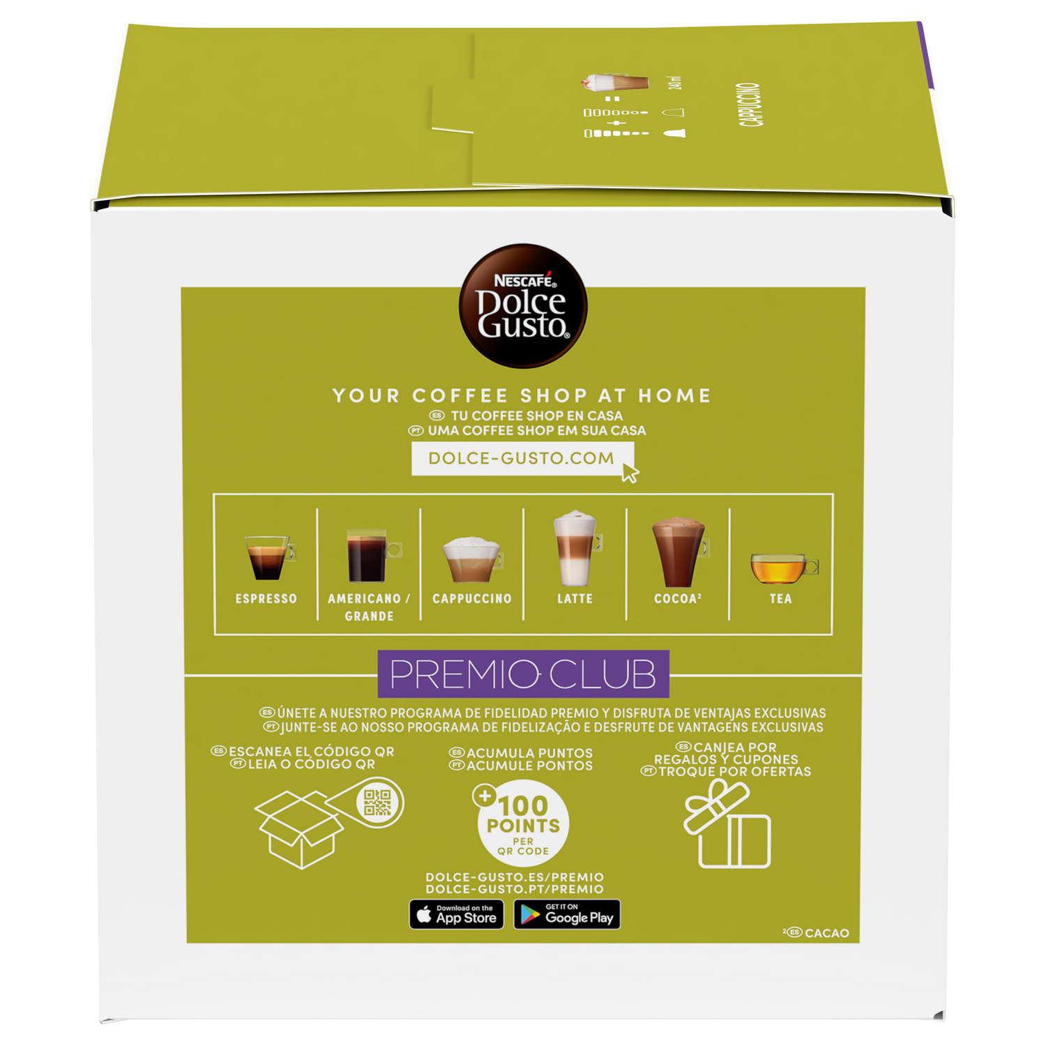Caja con imágenes de bebidas de café, logotipo de Dolce Gusto y texto. Incluye Espresso, Capuchino, Latte, Cacao y Té.