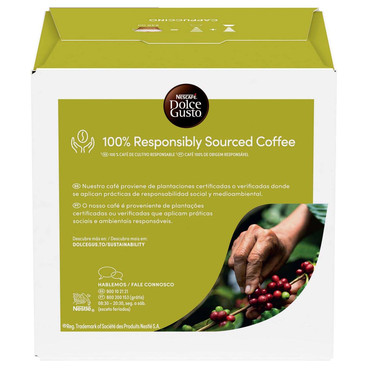 Caja de café Nescafe Dolce Gusto. Texto en la caja: Café 100% de origen responsable. Mano sosteniendo cerezas de café en el fondo.