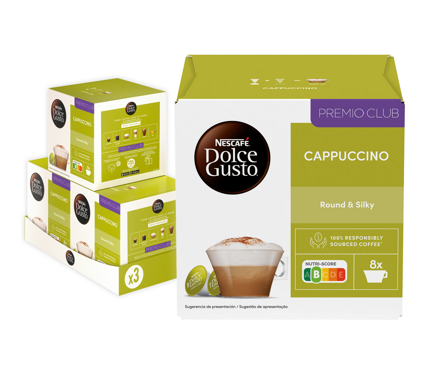 Cajas de cápsulas de café cappuccino Dolce Gusto. Una caja está abierta, mostrando las cápsulas e información nutricional.