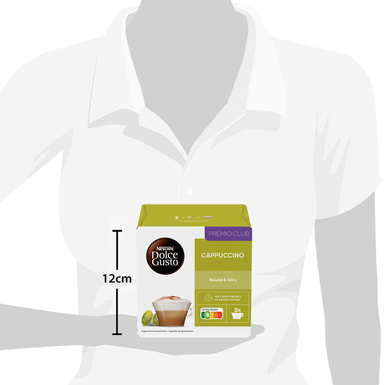 Una persona sostiene una caja de café con la etiqueta 'NESCAFÉ Dolce Gusto'. La caja es verde y blanca, con la palabra 'CAPPUCCINO'.