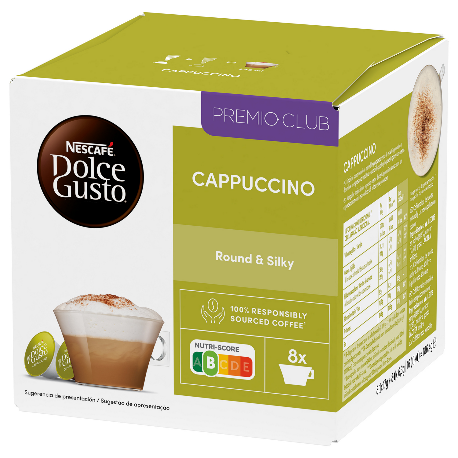 Caja de Nescafe Dolce Gusto Cappuccino. Muestra una taza de capuchino e información nutricional.