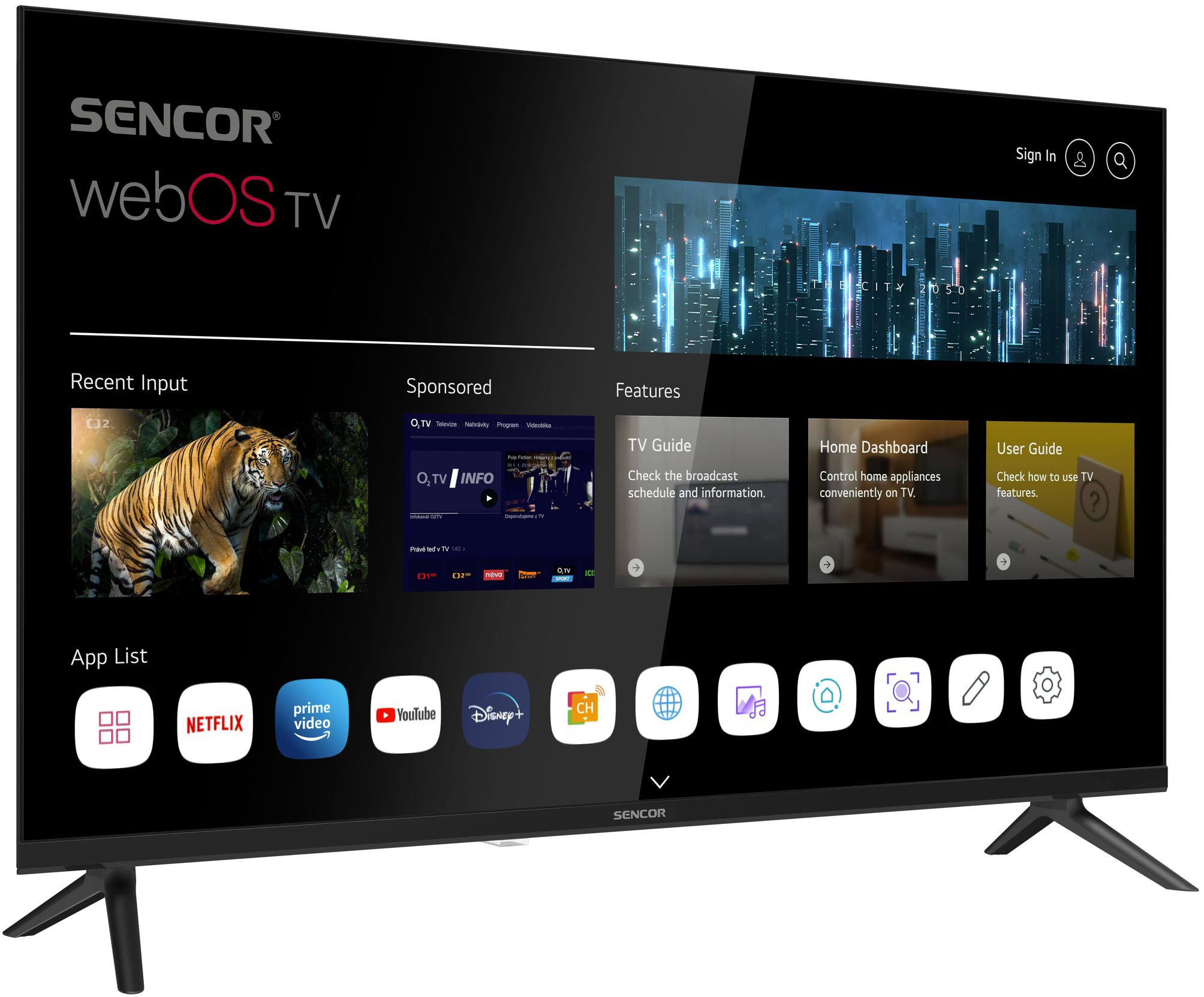 Egy fekete Sencor TV egy tigris képét, alkalmazásikonokat és menüpontokat jelenít meg. A TV egy állványon van.